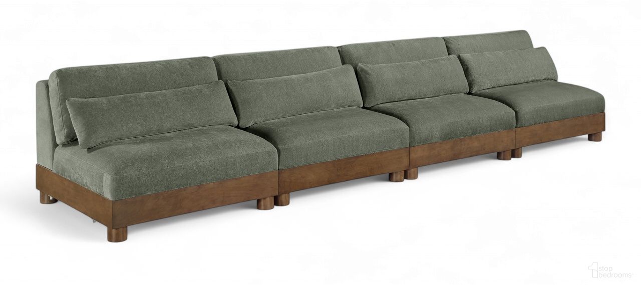 The appearance of Turin 160 Inch Chenille Fabric Upholstered 4-Piece Modular Sofa In Green designed by Meridian in the modern / contemporary interior design. This green piece of furniture was selected by 1StopBedrooms from Turin Collection to add a touch of cosiness and style into your home. Sku: 606Green-Armless;606Green-Armless;606Green-Armless;606Green-Armless. Material: Birch Wood.