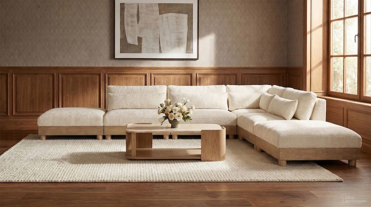 The appearance of Turin 160 Inch Chenille Fabric Upholstered 6-Piece Modular Sectional In Cream designed by Meridian in the modern / contemporary interior design. This cream piece of furniture was selected by 1StopBedrooms from Turin Collection to add a touch of cosiness and style into your home. Sku: 612Cream-Armless;612Cream-Armless;612Cream-Armless;612Cream-Corner;612Cream-Ott;612Cream-Ott. Material: Birch Wood.