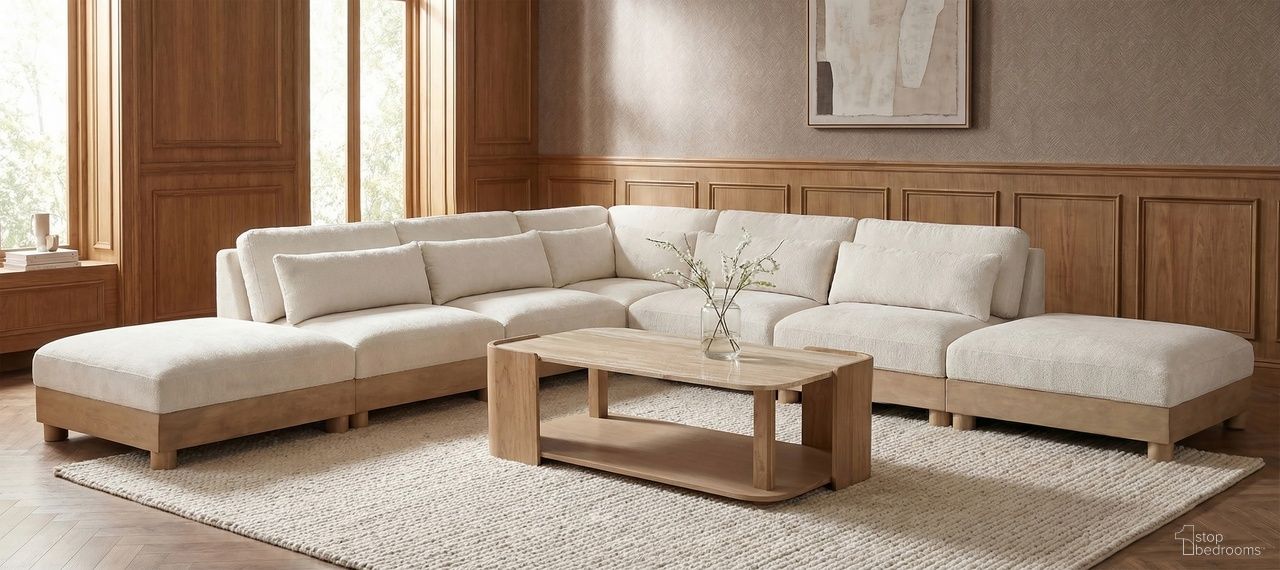 The appearance of Turin 160 Inch Chenille Fabric Upholstered 7-Piece Modular Sectional In Cream designed by Meridian in the modern / contemporary interior design. This cream piece of furniture was selected by 1StopBedrooms from Turin Collection to add a touch of cosiness and style into your home. Sku: 612Cream-Armless;612Cream-Armless;612Cream-Armless;612Cream-Armless;612Cream-Corner;612Cream-Ott;612Cream-Ott. Material: Birch Wood.