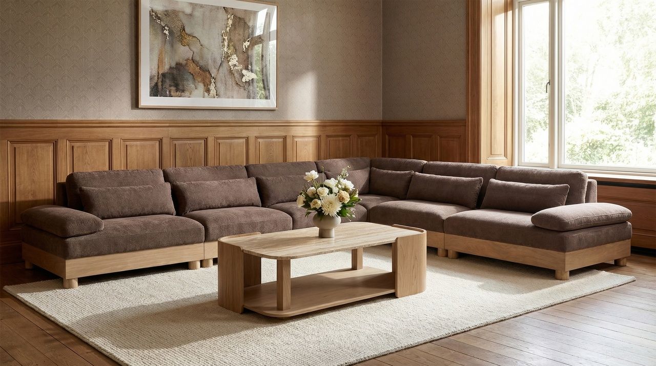 The appearance of Turin 167.75 Inch Chenille Fabric Upholstered 6-Piece Modular Sectional In Brown designed by Meridian in the modern / contemporary interior design. This brown piece of furniture was selected by 1StopBedrooms from Turin Collection to add a touch of cosiness and style into your home. Sku: 612Brown-Armless;612Brown-Armless;612Brown-Armless;612Brown-Corner;612Brown-LAF;612Brown-RAF. Material: Birch Wood.
