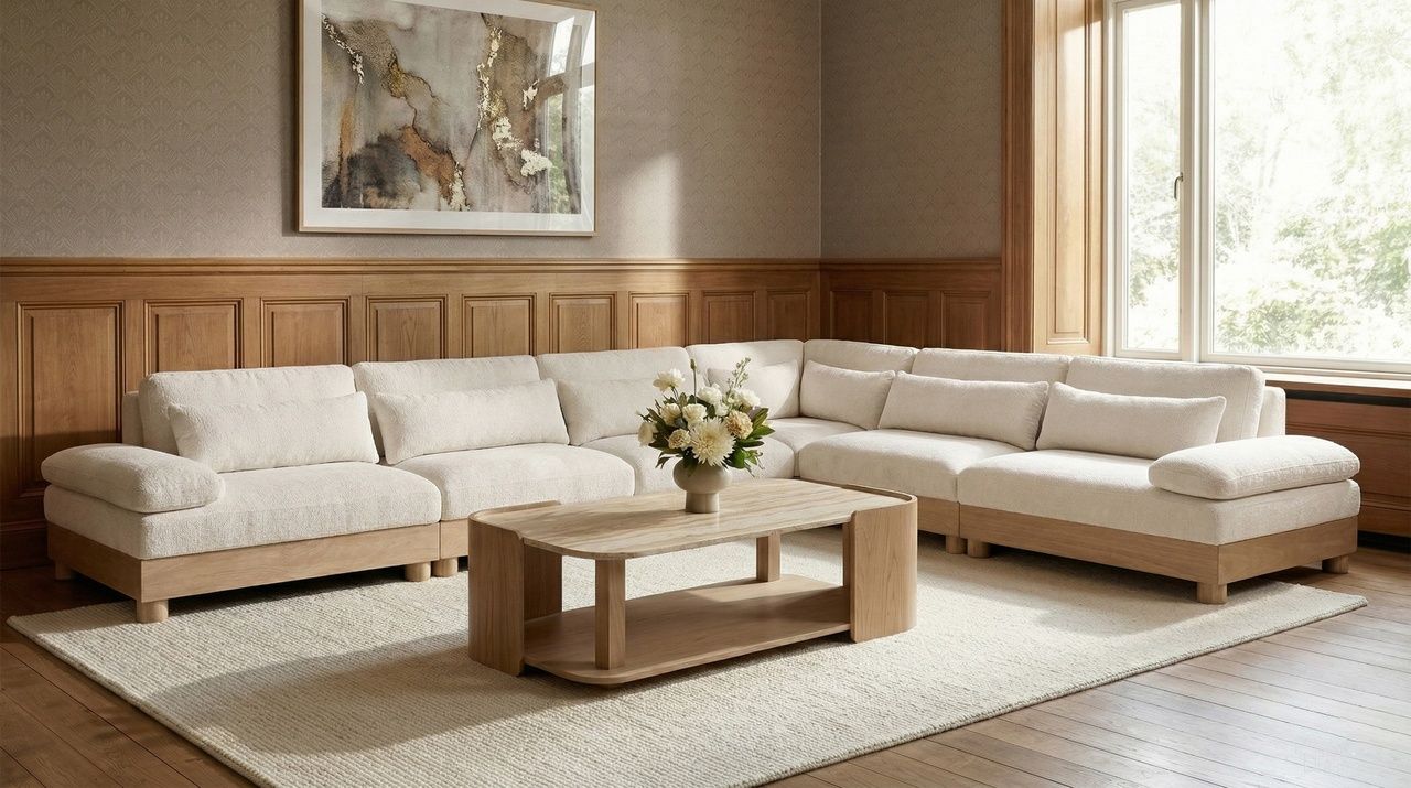 The appearance of Turin 167.75 Inch Chenille Fabric Upholstered 6-Piece Modular Sectional In Cream designed by Meridian in the modern / contemporary interior design. This cream piece of furniture was selected by 1StopBedrooms from Turin Collection to add a touch of cosiness and style into your home. Sku: 612Cream-Armless;612Cream-Armless;612Cream-Armless;612Cream-Corner;612Cream-LAF;612Cream-RAF. Material: Birch Wood.