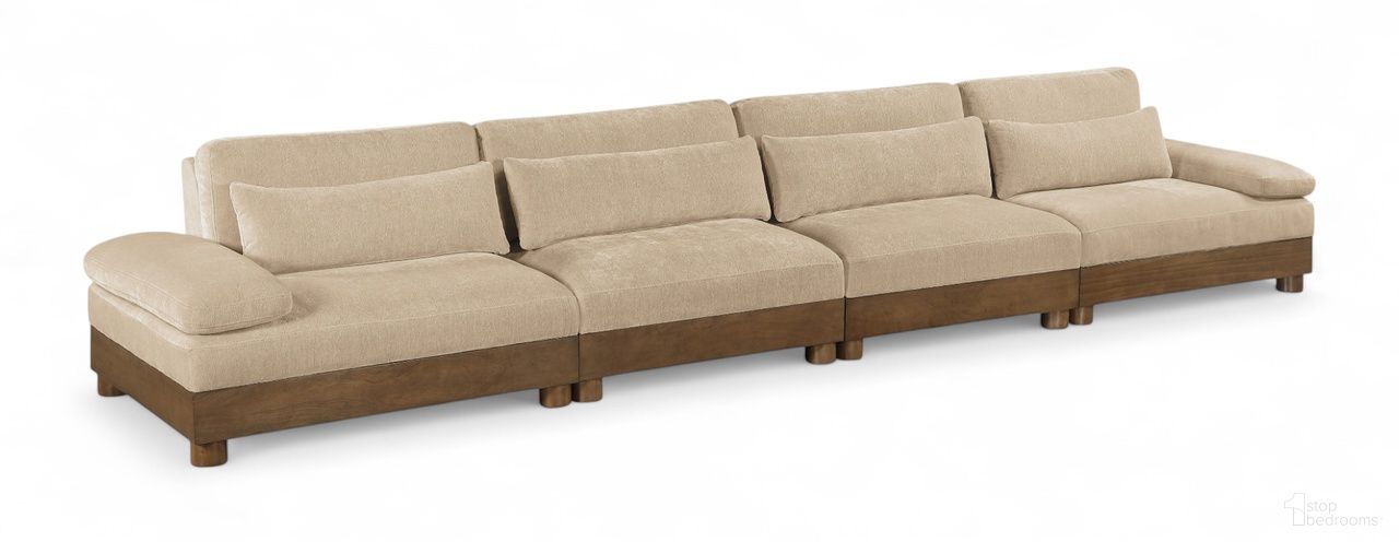 The appearance of Turin 175.5 Inch Chenille Fabric Upholstered 4-Piece Modular Sofa In Beige designed by Meridian in the modern / contemporary interior design. This beige piece of furniture was selected by 1StopBedrooms from Turin Collection to add a touch of cosiness and style into your home. Sku: 606Beige-Armless;606Beige-Armless;606Beige-LAF;606Beige-RAF. Material: Birch Wood.