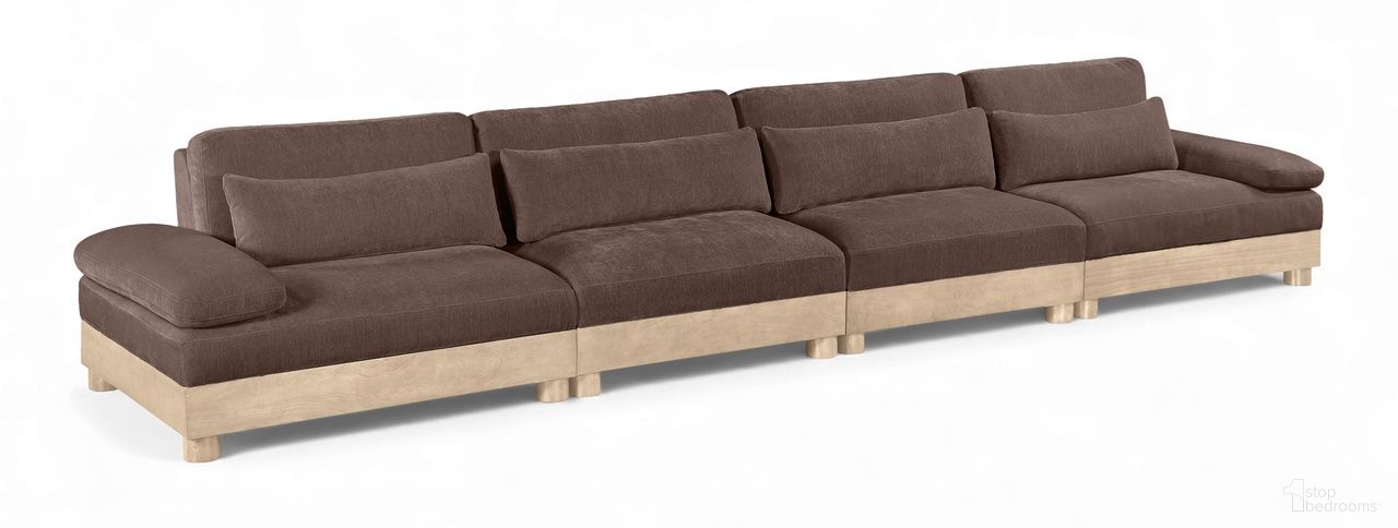 The appearance of Turin 175.5 Inch Chenille Fabric Upholstered 4-Piece Modular Sofa In Brown designed by Meridian in the modern / contemporary interior design. This brown piece of furniture  was selected by 1StopBedrooms from Turin Collection to add a touch of cosiness and style into your home. Sku: 612Brown-Armless;612Brown-Armless;612Brown-LAF;612Brown-RAF. Material: Birch Wood.