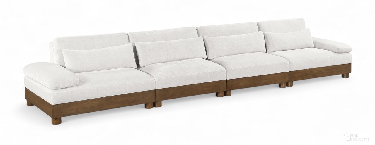 The appearance of Turin 175.5 Inch Chenille Fabric Upholstered 4-Piece Modular Sofa In Cream designed by Meridian in the modern / contemporary interior design. This cream piece of furniture was selected by 1StopBedrooms from Turin Collection to add a touch of cosiness and style into your home. Sku: 606Cream-Armless;606Cream-Armless;606Cream-LAF;606Cream-RAF. Material: Birch Wood.