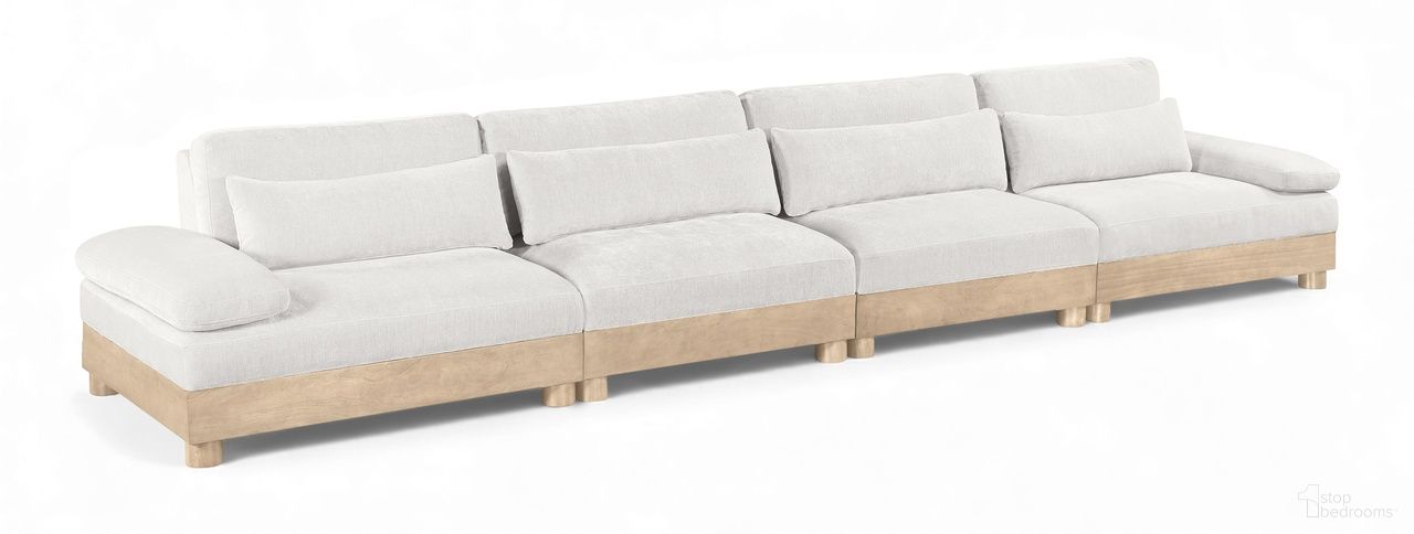 The appearance of Turin 175.5 Inch Chenille Fabric Upholstered 4-Piece Modular Sofa In Cream designed by Meridian in the modern / contemporary interior design. This cream piece of furniture was selected by 1StopBedrooms from Turin Collection to add a touch of cosiness and style into your home. Sku: 612Cream-Armless;612Cream-Armless;612Cream-LAF;612Cream-RAF. Material: Birch Wood.
