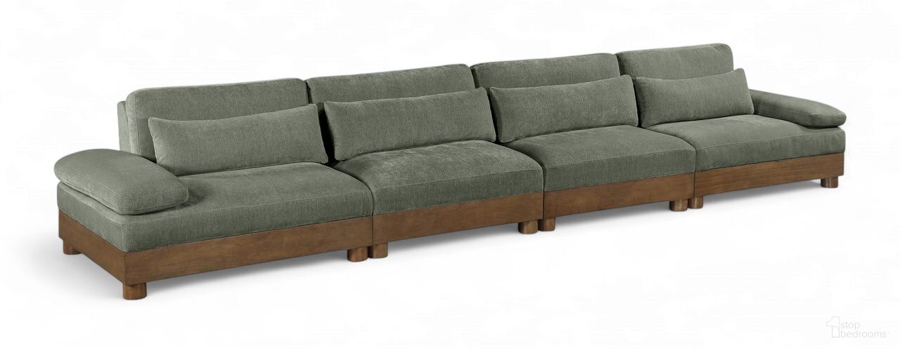 The appearance of Turin 175.5 Inch Chenille Fabric Upholstered 4-Piece Modular Sofa In Green designed by Meridian in the modern / contemporary interior design. This green piece of furniture was selected by 1StopBedrooms from Turin Collection to add a touch of cosiness and style into your home. Sku: 606Green-Armless;606Green-Armless;606Green-LAF;606Green-RAF. Material: Birch Wood.
