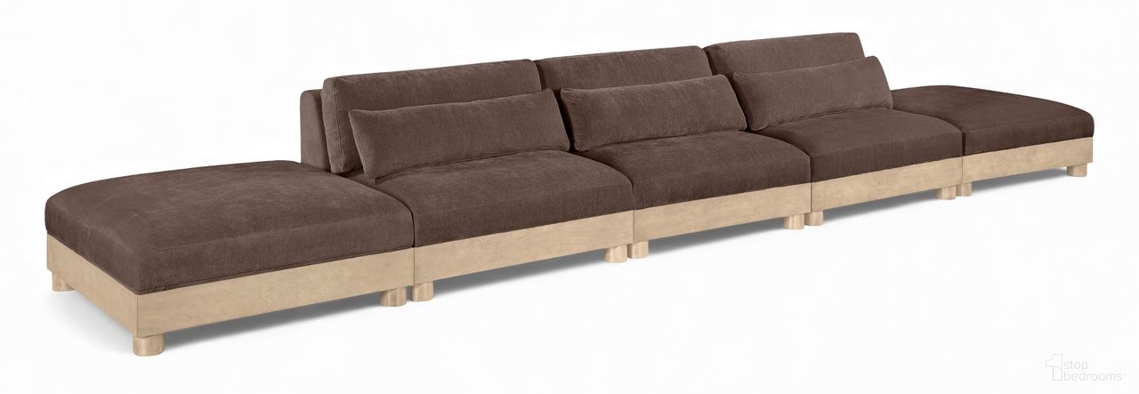 The appearance of Turin 200 Inch Chenille Fabric Upholstered 5-Piece Modular Sofa In Brown designed by Meridian in the modern / contemporary interior design. This brown piece of furniture  was selected by 1StopBedrooms from Turin Collection to add a touch of cosiness and style into your home. Sku: 612Brown-Armless;612Brown-Armless;612Brown-Armless;612Brown-Ott;612Brown-Ott. Material: Birch Wood.