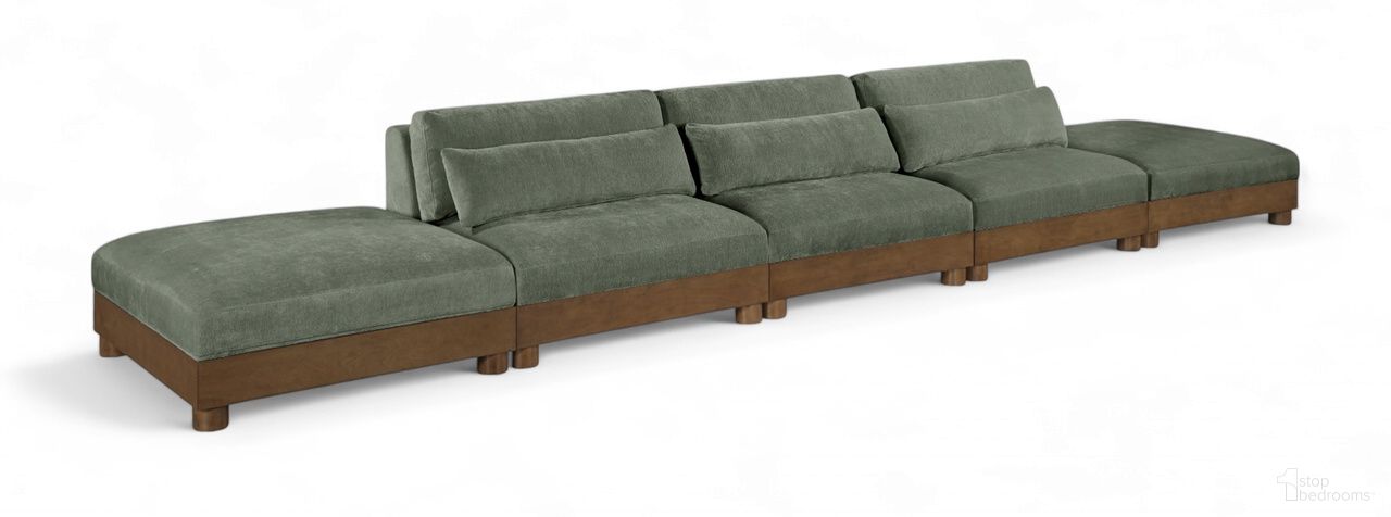 The appearance of Turin 200 Inch Chenille Fabric Upholstered 5-Piece Modular Sofa In Green designed by Meridian in the modern / contemporary interior design. This green piece of furniture was selected by 1StopBedrooms from Turin Collection to add a touch of cosiness and style into your home. Sku: 606Green-Armless;606Green-Armless;606Green-Armless;606Green-Ott;606Green-Ott. Material: Birch Wood.