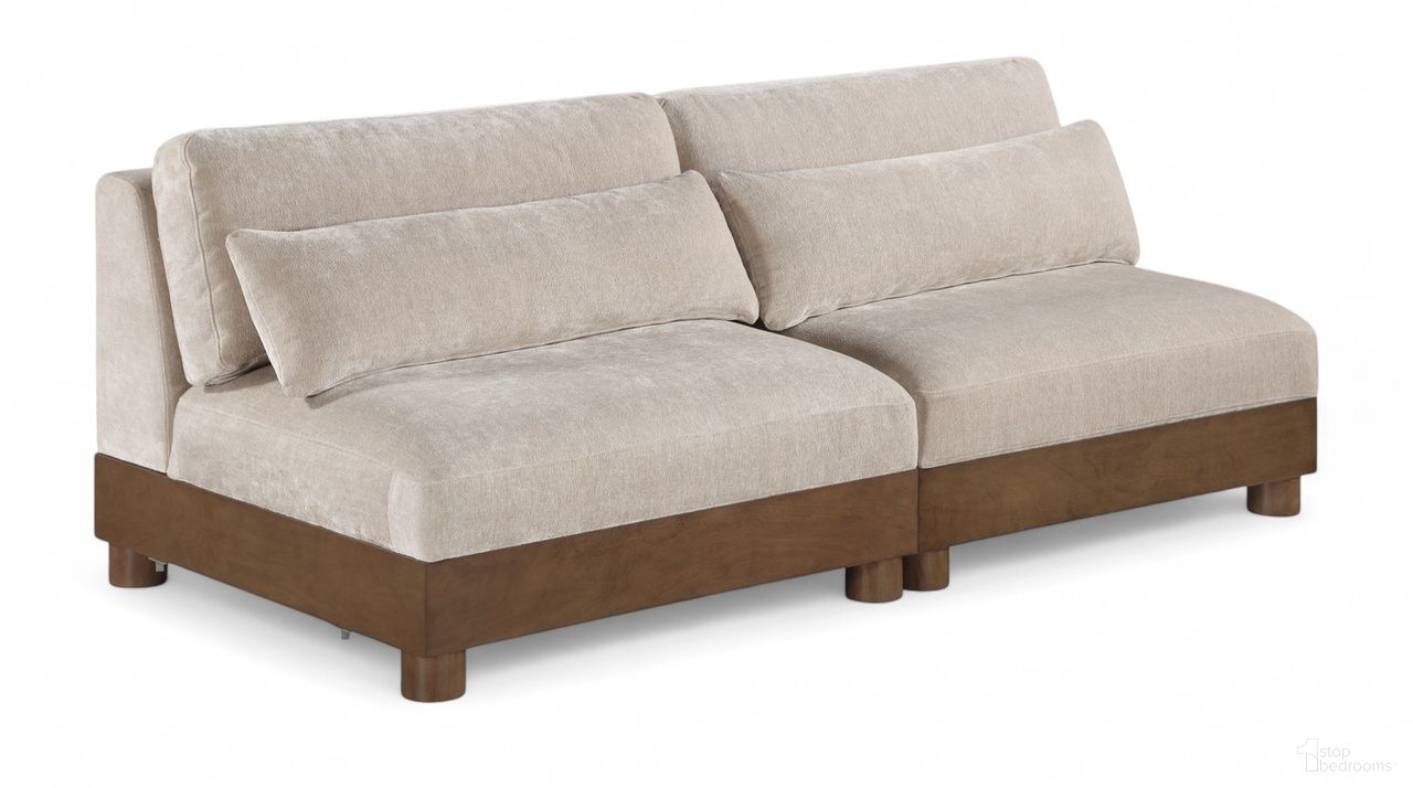 The appearance of Turin 80 Inch Chenille Fabric Upholstered 2-Piece Modular Sofa In Taupe designed by Meridian in the modern / contemporary interior design. This taupe piece of furniture  was selected by 1StopBedrooms from Turin Collection to add a touch of cosiness and style into your home. Sku: 606Taupe-Armless;606Taupe-Armless. Material: Birch Wood.