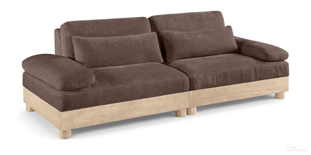 The appearance of Turin 95.5 Inch Chenille Fabric Upholstered 2-Piece Modular Sofa In Brown designed by Meridian in the modern / contemporary interior design. This brown piece of furniture was selected by 1StopBedrooms from Turin Collection to add a touch of cosiness and style into your home. Sku: 612Brown-LAF;612Brown-RAF. Material: Birch Wood.
