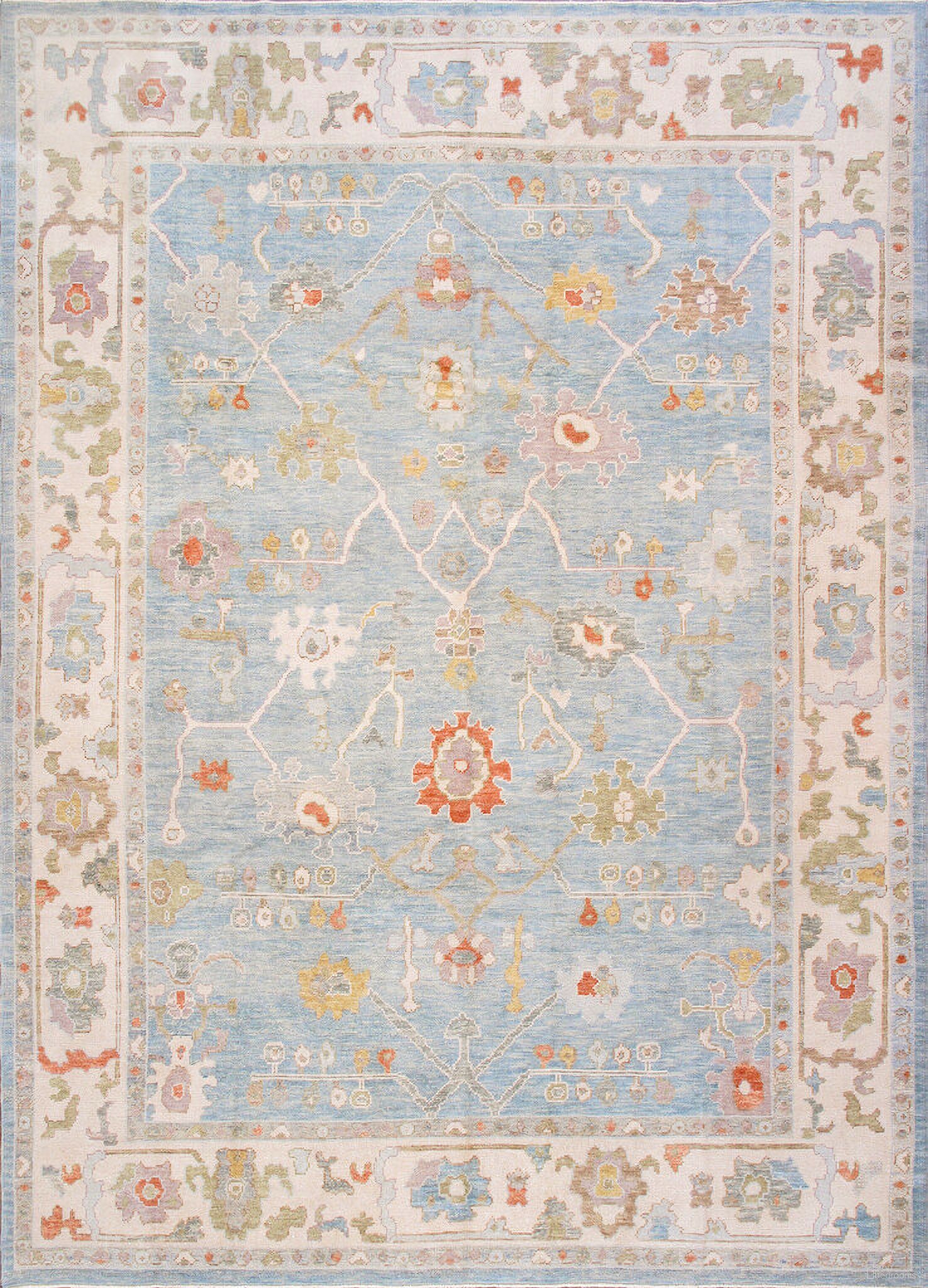 Turkish Oushak Collection Hand-Knotted Wool Area Rug- 9' 5" x 12'11" In Blue and Ivory