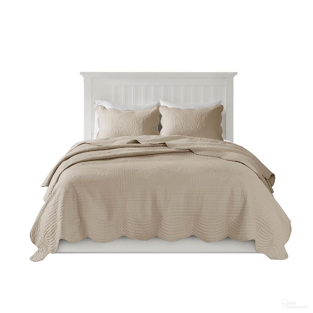 The appearance of Tuscany 3 Piece Reversible Scalloped Edge Quilt Set In Khaki designed by Olliix in the country / farmhouse interior design. This khaki piece of furniture was selected by 1StopBedrooms from Tuscany Collection to add a touch of cosiness and style into your home. Sku: MP13-8498. Bed Size: King. Material: Cotton.