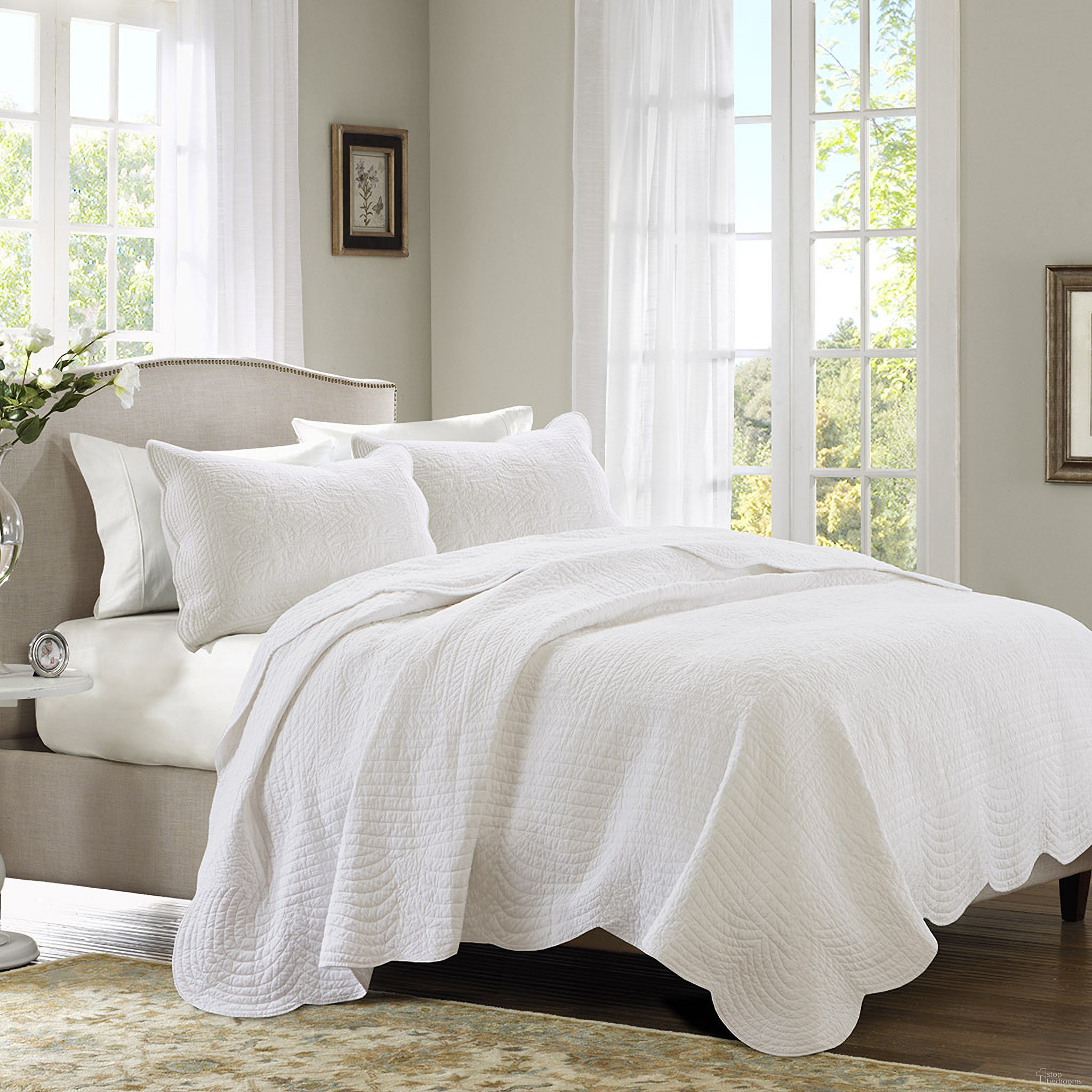 The appearance of Tuscany Polyester Microfiber 3 Piece Queen Coverlet Set In White designed by Olliix in the country / farmhouse interior design. This white piece of furniture was selected by 1StopBedrooms from Tuscany Collection to add a touch of cosiness and style into your home. Sku: MP13-1037. Material: Polyester. Bed Size: Queen.