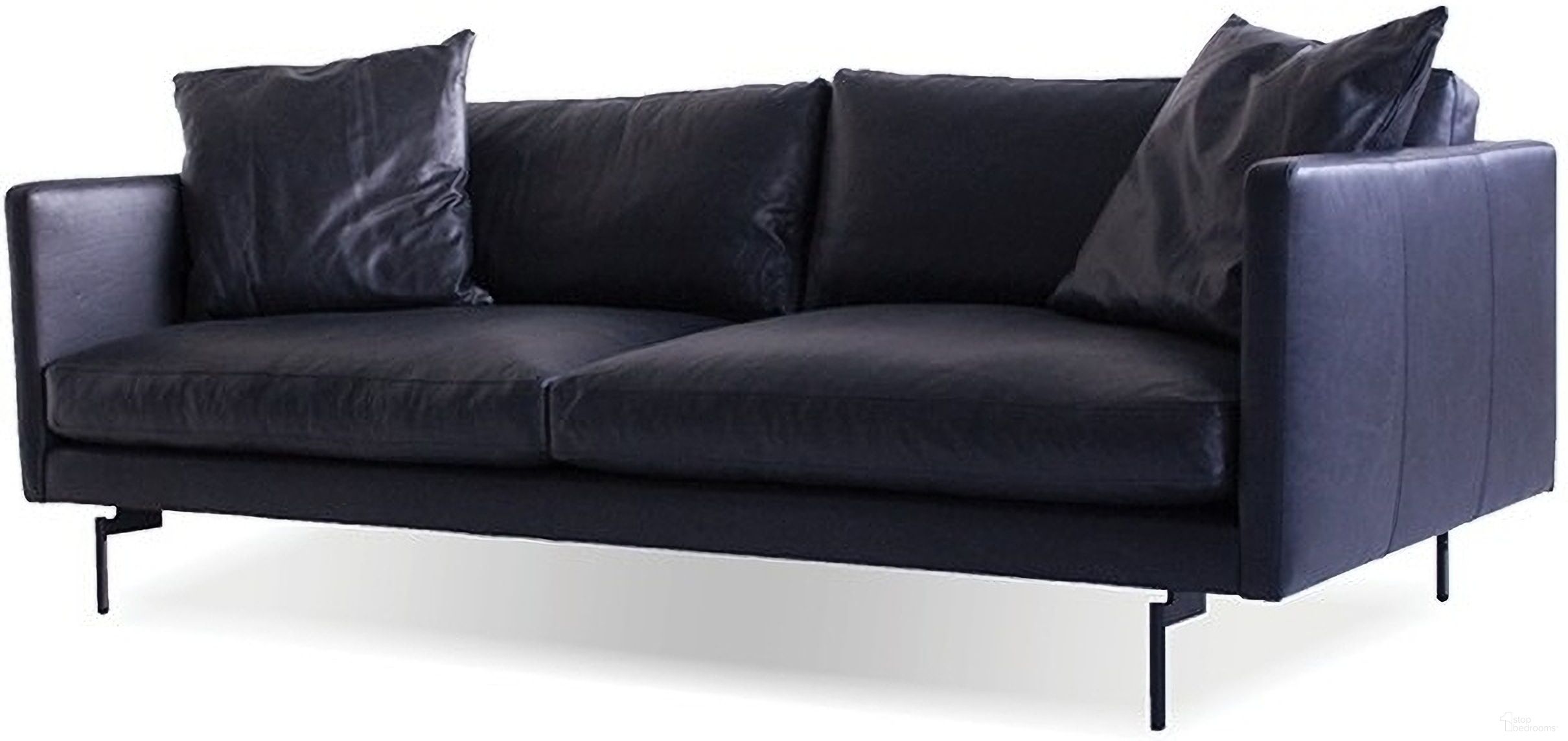 The appearance of Tux 2S Black Leather, Black Powder Coated Legs Sofa designed by Mobital in the modern / contemporary interior design. This black piece of furniture was selected by 1StopBedrooms from Tux Collection to add a touch of cosiness and style into your home. Sku: SOF-TUX9-BLLE-PCBLA. Material: Leather.