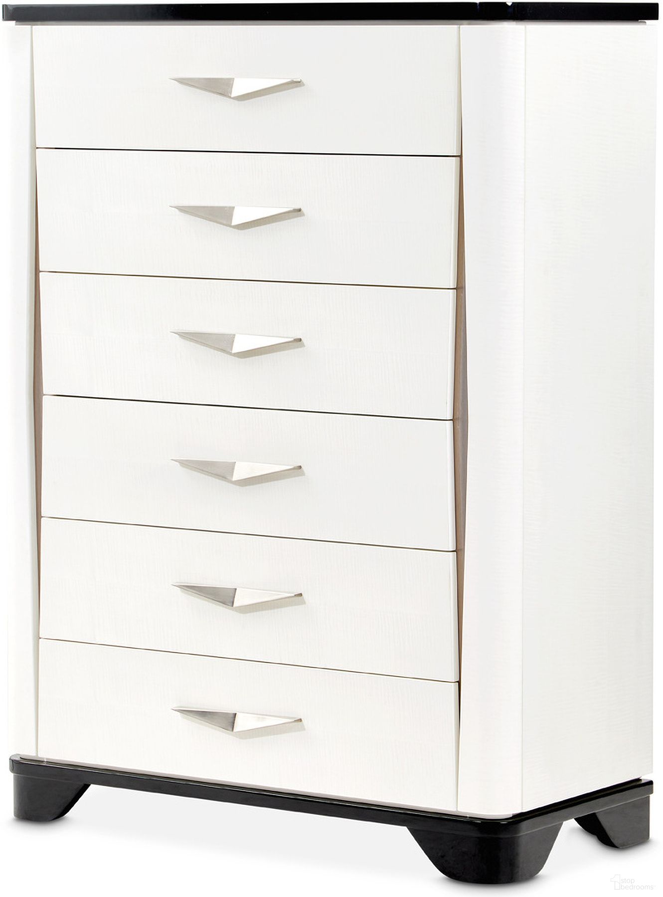 The appearance of Tuxedo 6-Drawer Chest In Piano Keyboard designed by Michael Amini in the modern / contemporary interior design. This black piece of furniture was selected by 1StopBedrooms from Tuxedo Collection to add a touch of cosiness and style into your home. Sku: 9087070SA-832. Material: Poplar.