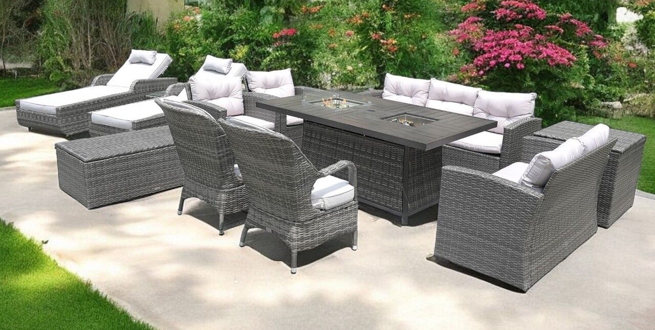 The appearance of Twelve Piece Outdoor Wicker Multiple Chairs Seating Group Fire Pit Included with White Cushions In Gray designed by Homeroots in the modern / contemporary interior design. This gray piece of furniture was selected by 1StopBedrooms from to add a touch of cosiness and style into your home. Sku: 479112. Material: Wicker.