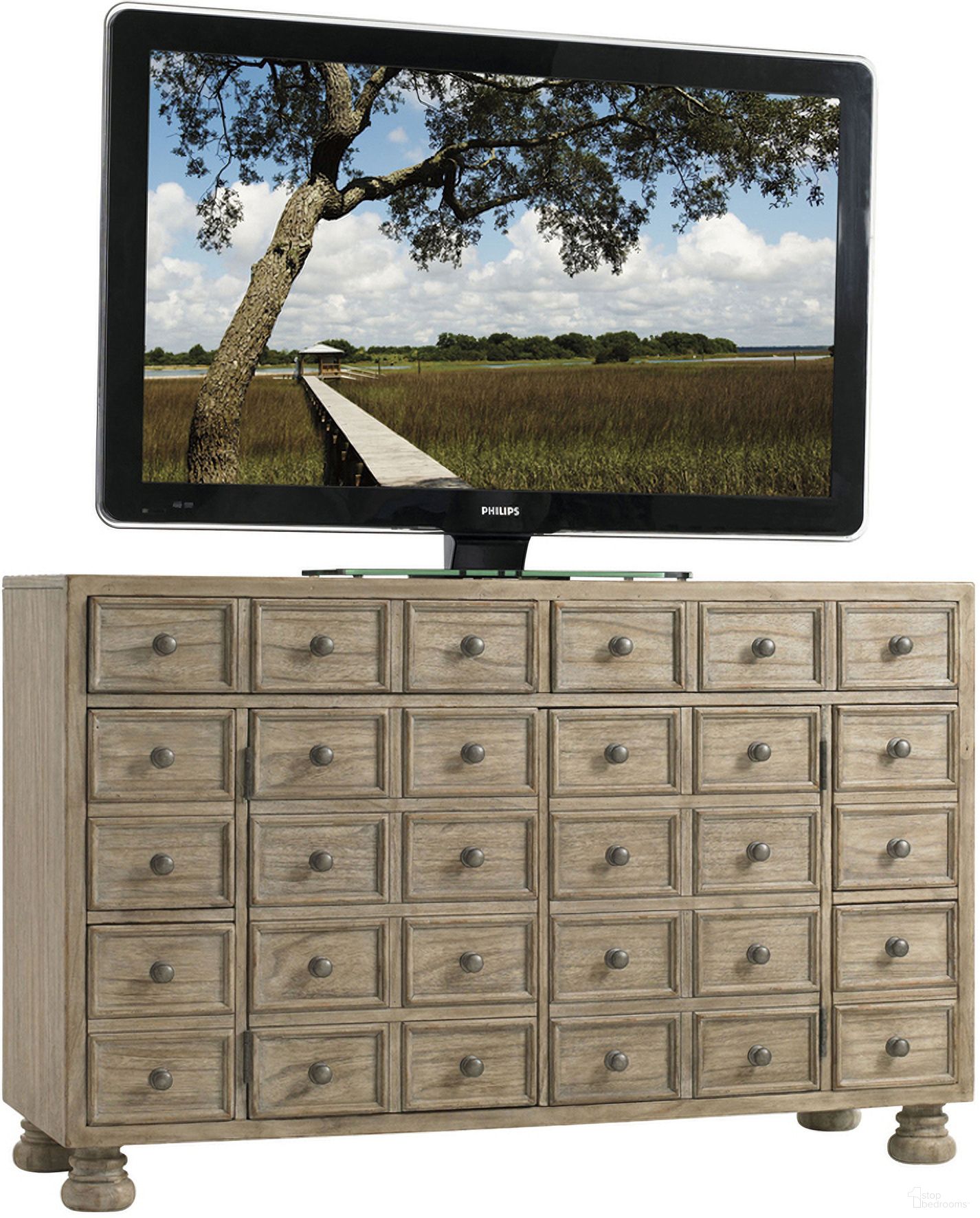 The appearance of Twilight Bay Andrews Media Console In Driftwood designed by Lexington in the rustic / southwestern interior design. This driftwood piece of furniture  was selected by 1StopBedrooms from Twilight Bay Collection to add a touch of cosiness and style into your home. Sku: 352-907. Material: Wood.