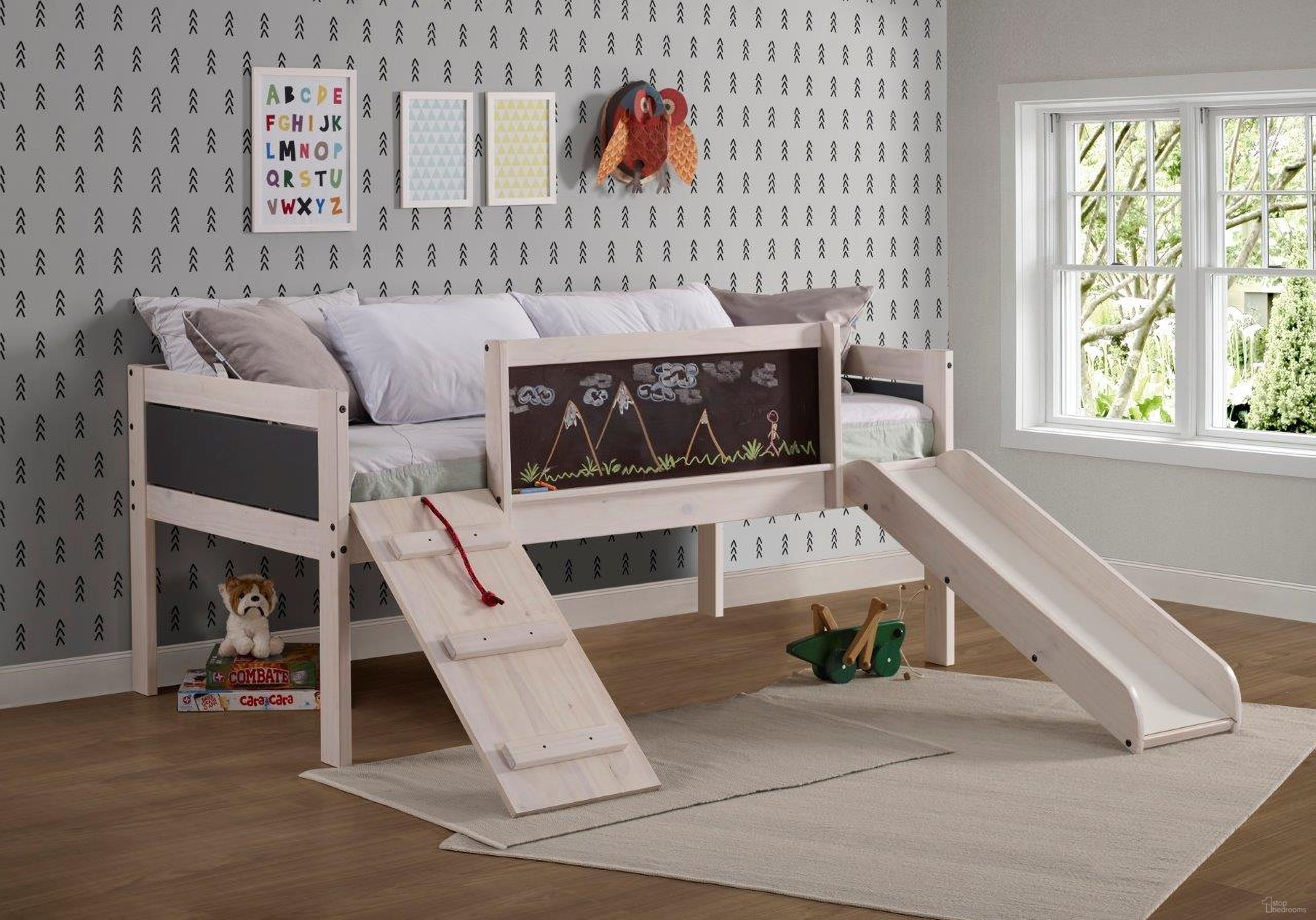 The appearance of Twin Art Play Junior Low Loft White Wash Dark Grey designed by DONCO kids in the rustic / southwestern interior design. This white wash piece of furniture  was selected by 1StopBedrooms from  to add a touch of cosiness and style into your home. Sku: 3005-TLWWDG. Material: Wood. Bed Size: Twin. Bed Type: Loft Bed.