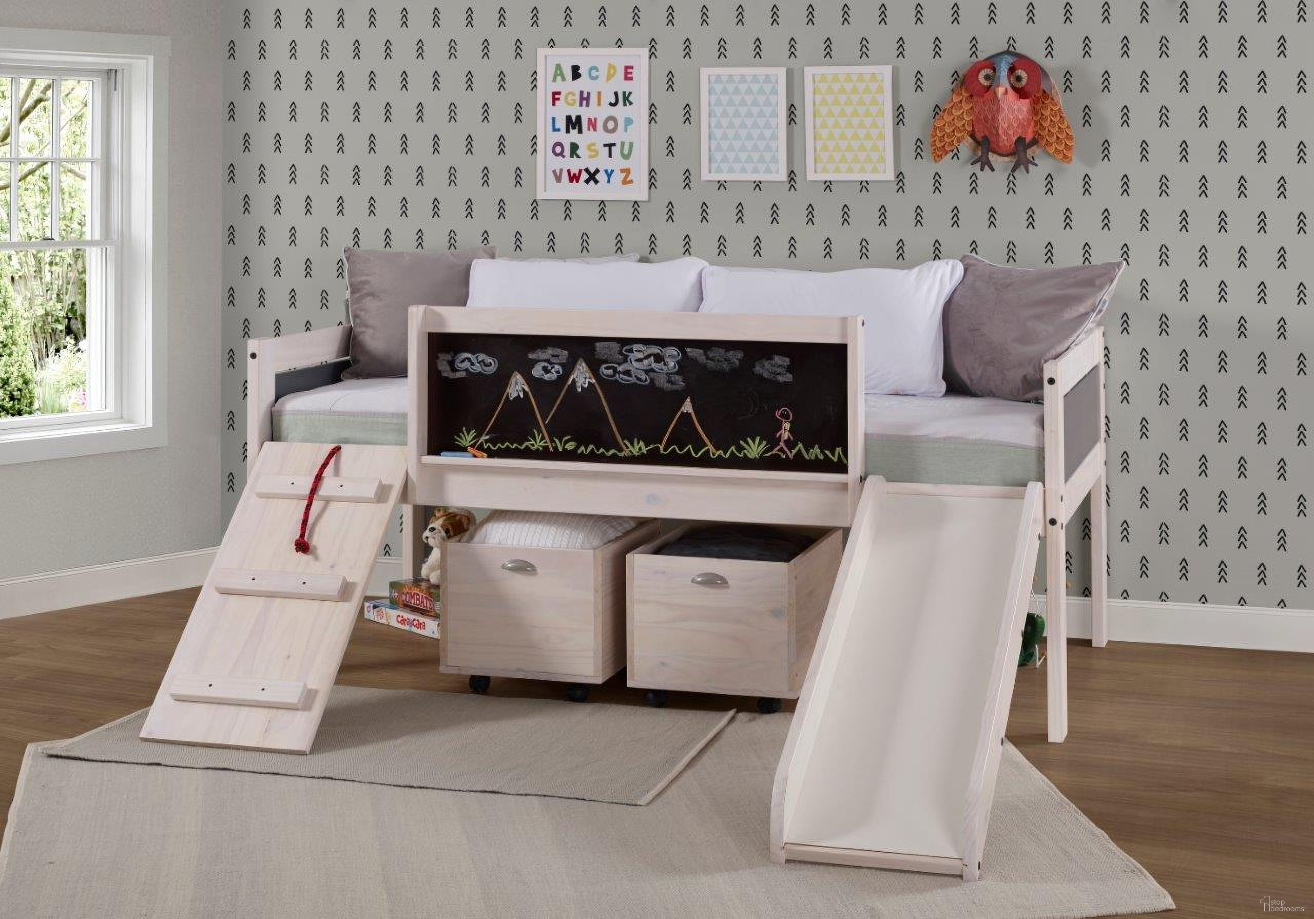 The appearance of Twin Art Play Junior Low Loft With Toy Boxes In White Wash-Dark Grey Finish designed by DONCO kids in the transitional interior design. This white wash piece of furniture was selected by 1StopBedrooms from to add a touch of cosiness and style into your home. Sku: 3005-TLWWDG_3005C-TLWWDG. Material: Wood. Bed Size: Twin. Bed Type: Loft Bed.