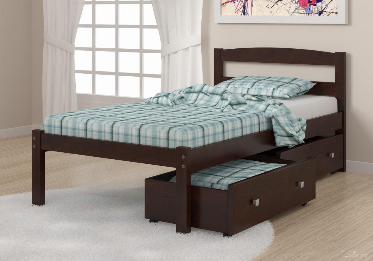 The appearance of Twin Econo Bed With Dual Under Bed Drawer Dark Cappuccino Finish designed by DONCO kids in the modern / contemporary interior design. This dark cappuccino piece of furniture  was selected by 1StopBedrooms from  to add a touch of cosiness and style into your home. Sku: 575-TCP_505-CP. Bed Type: Storage Bed. Material: Wood. Bed Size: Twin.