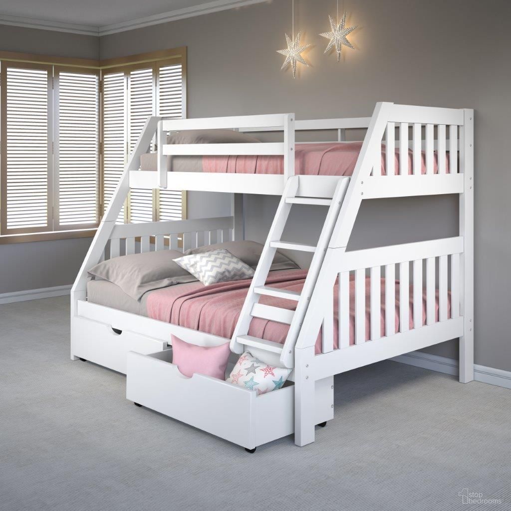 The appearance of Twin-Full Mission Bunk Bed W-Dual Under Bed Drawers In White Finish-1018-3TFW505-W designed by DONCO kids in the modern / contemporary interior design. This white piece of furniture was selected by 1StopBedrooms from to add a touch of cosiness and style into your home. Sku: 1018-3TFW_505-W. Bed Type: Bunk Bed. Material: Wood. Bed Size: Twin Over Full.