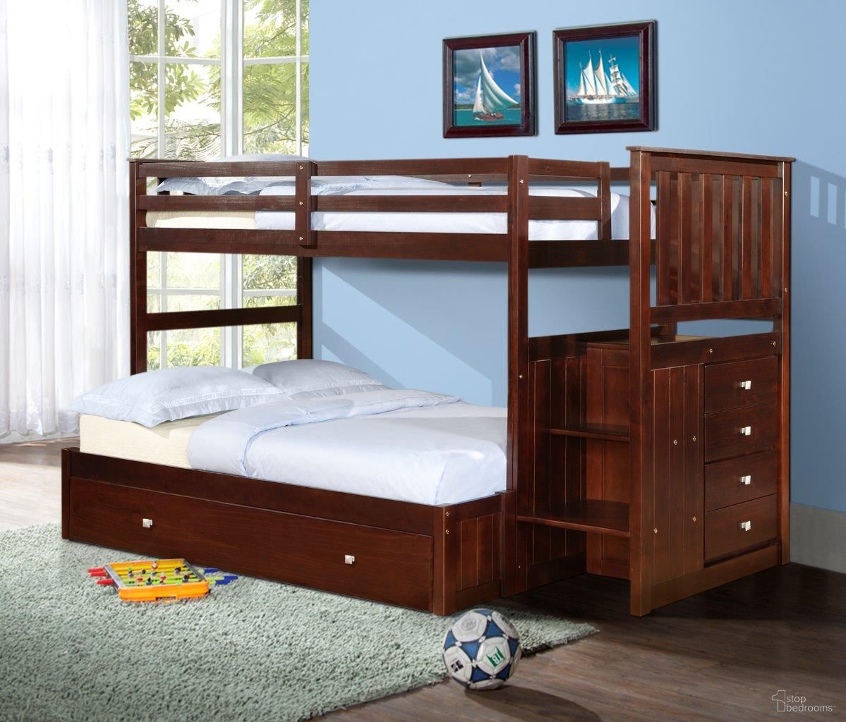 Twin-Full Mission Stairway Bunk Bed With Ext Kit And Trundle Bed In Cappuccino Finish