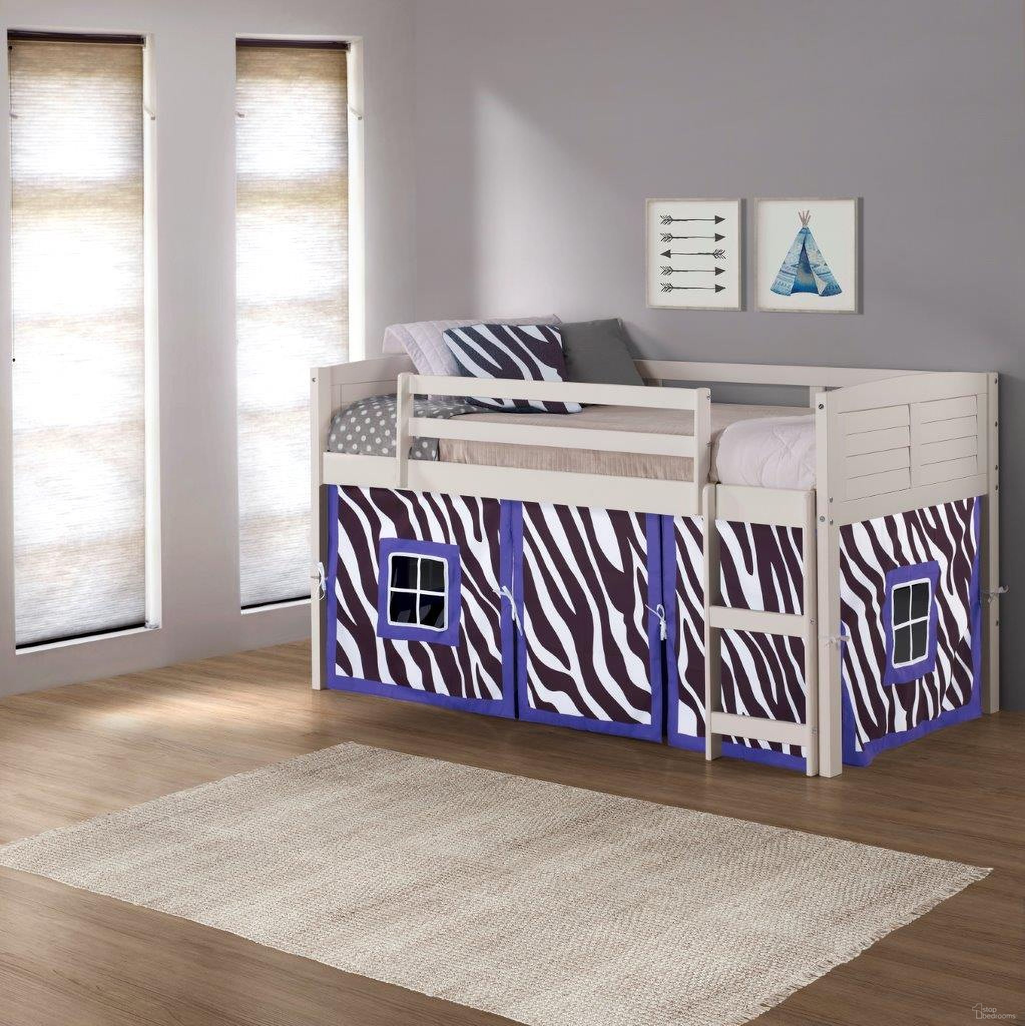 The appearance of Twin Louver Low Loft White W-Zebra Tent designed by DONCO kids in the modern / contemporary interior design. This white and zebra piece of furniture was selected by 1StopBedrooms from to add a touch of cosiness and style into your home. Sku: 790-ATW_750C-TZ. Material: Wood. Bed Size: Twin. Bed Type: Loft Bed.