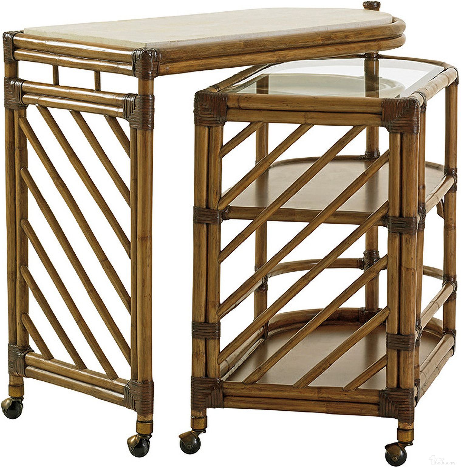 The appearance of Twin Palms Cable Beach Bar Cart In Sand designed by Tommy Bahama in the cabin / lodge interior design. This sand piece of furniture was selected by 1StopBedrooms from Twin Palms Collection to add a touch of cosiness and style into your home. Sku: 558-862. Material: Wood.