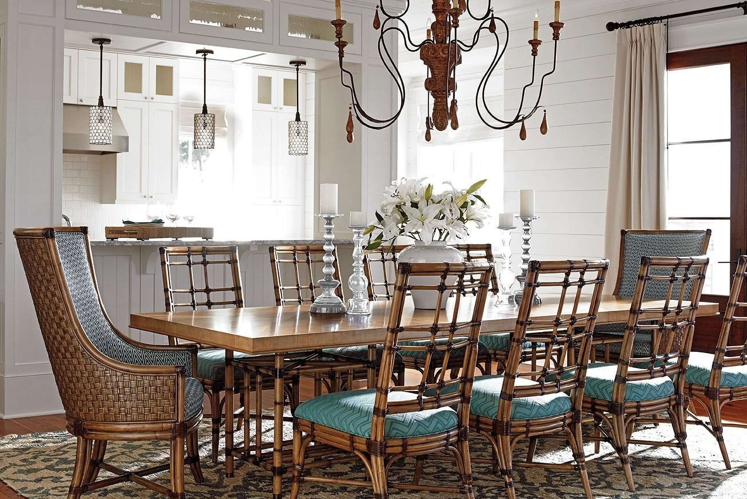 The appearance of Twin Palms Caneel Bay Rectangular Extendable Dining Room Set designed by Tommy Bahama in the cabin / lodge interior design. This sand piece of furniture was selected by 1StopBedrooms from Twin Palms Collection to add a touch of cosiness and style into your home. Sku: 558-876C;558-882-01. Table Base Style: Double Pedestal. Material: Wood. Table Top Shape: Rectangular. Size: 44" x 76".
