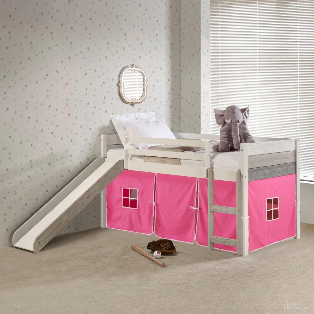 The appearance of Twin Panel Low Loft Bed With Slide In Two-Tone Grey-White Finish & Pink Tent Kit designed by DONCO kids in the modern / contemporary interior design. This grey white and pink piece of furniture was selected by 1StopBedrooms from to add a touch of cosiness and style into your home. Sku: 5000-ATGW_750C-TP. Material: Wood. Bed Size: Twin. Bed Type: Loft Bed.