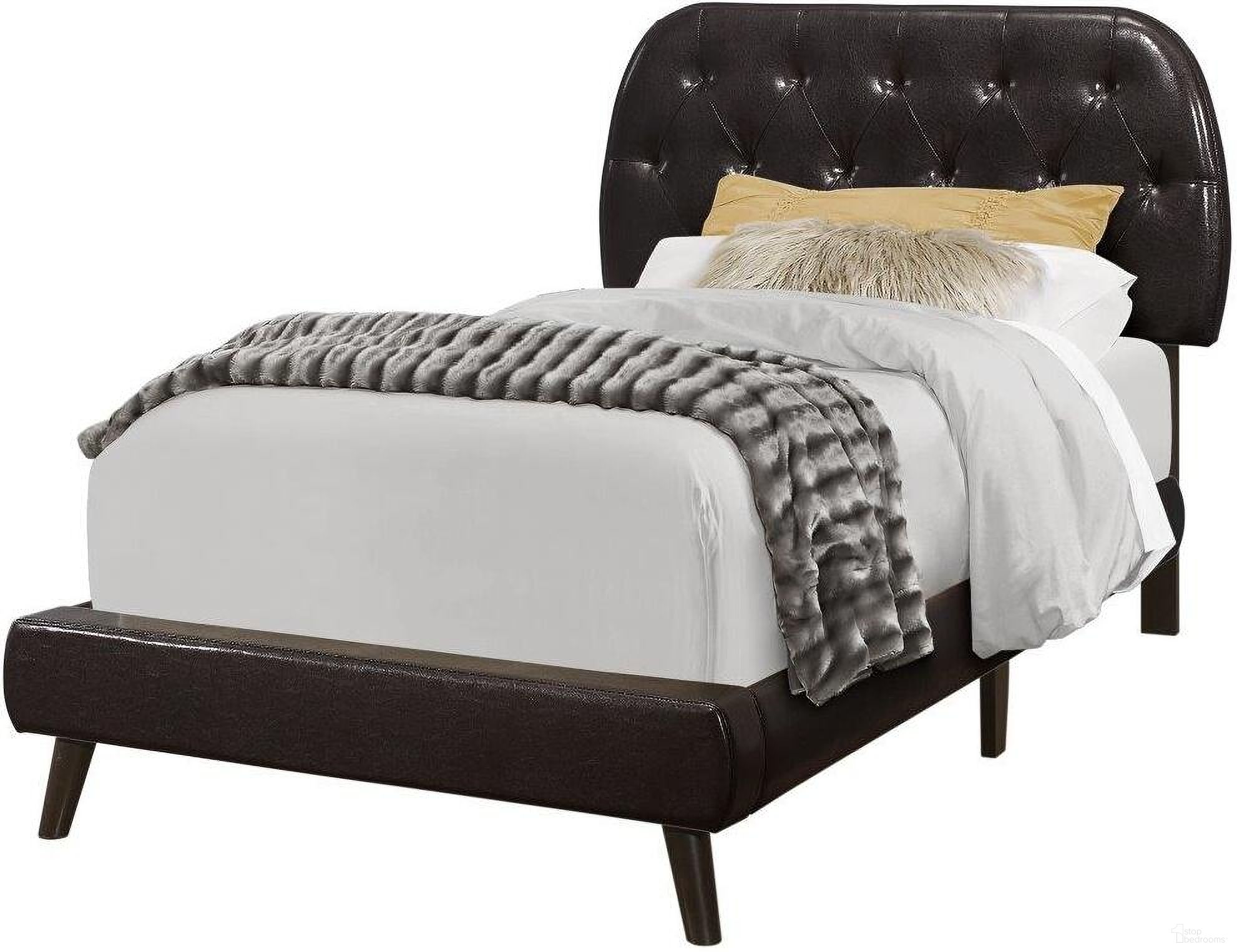 The appearance of Twin Size Bed In Brown Leather Look With Wood Legs designed by Monarch Specialties in the modern / contemporary interior design. This brown piece of furniture was selected by 1StopBedrooms from to add a touch of cosiness and style into your home. Sku: I 5982T. Bed Type: Panel Bed. Bed Size: Twin. Material: MDF.
