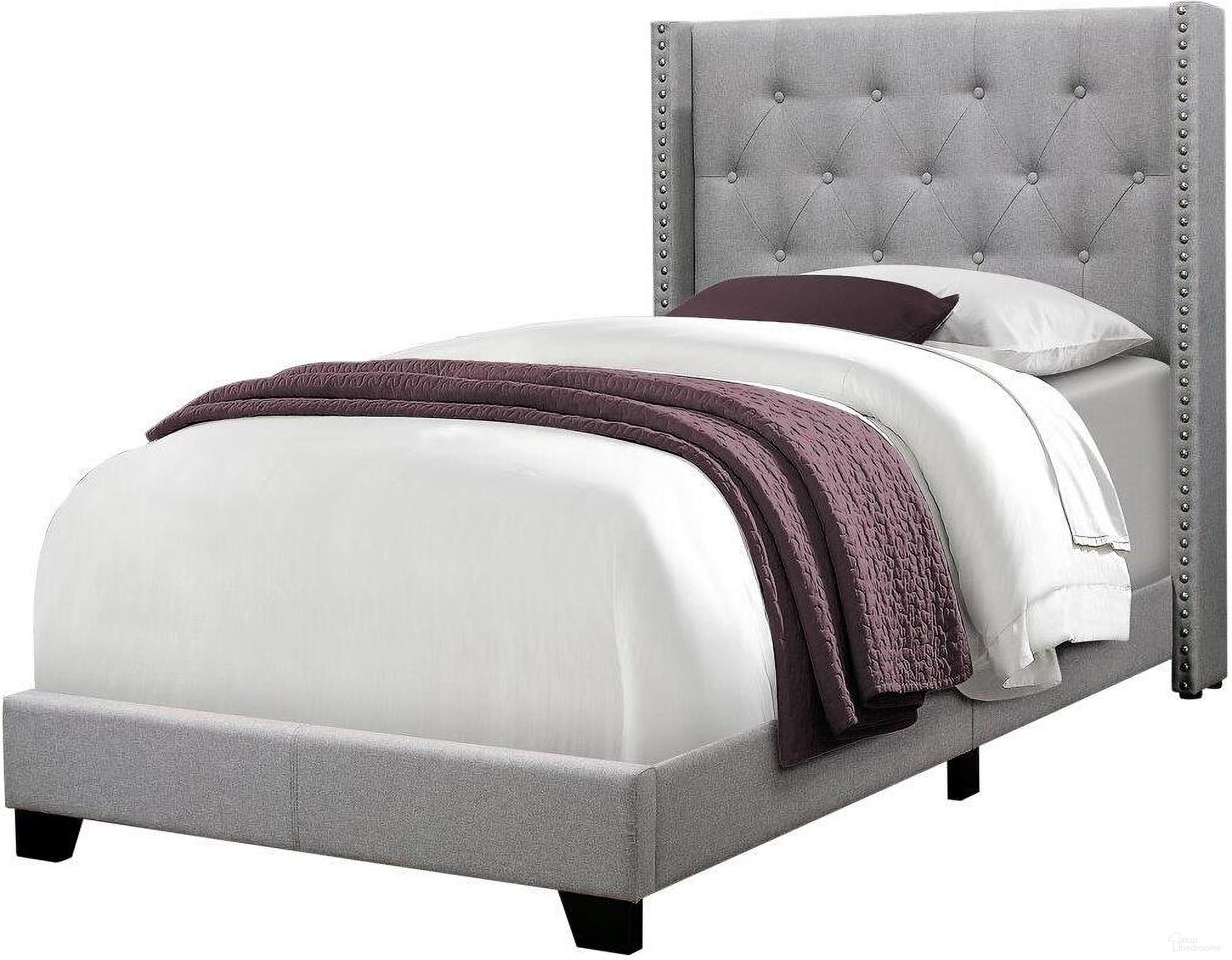 The appearance of Twin Size Bed In Grey Linen With Chrome Trim I 5984T designed by Monarch Specialties in the modern / contemporary interior design. This grey piece of furniture was selected by 1StopBedrooms from to add a touch of cosiness and style into your home. Sku: I 5984T. Bed Type: Panel Bed. Material: Wood. Bed Size: Twin.