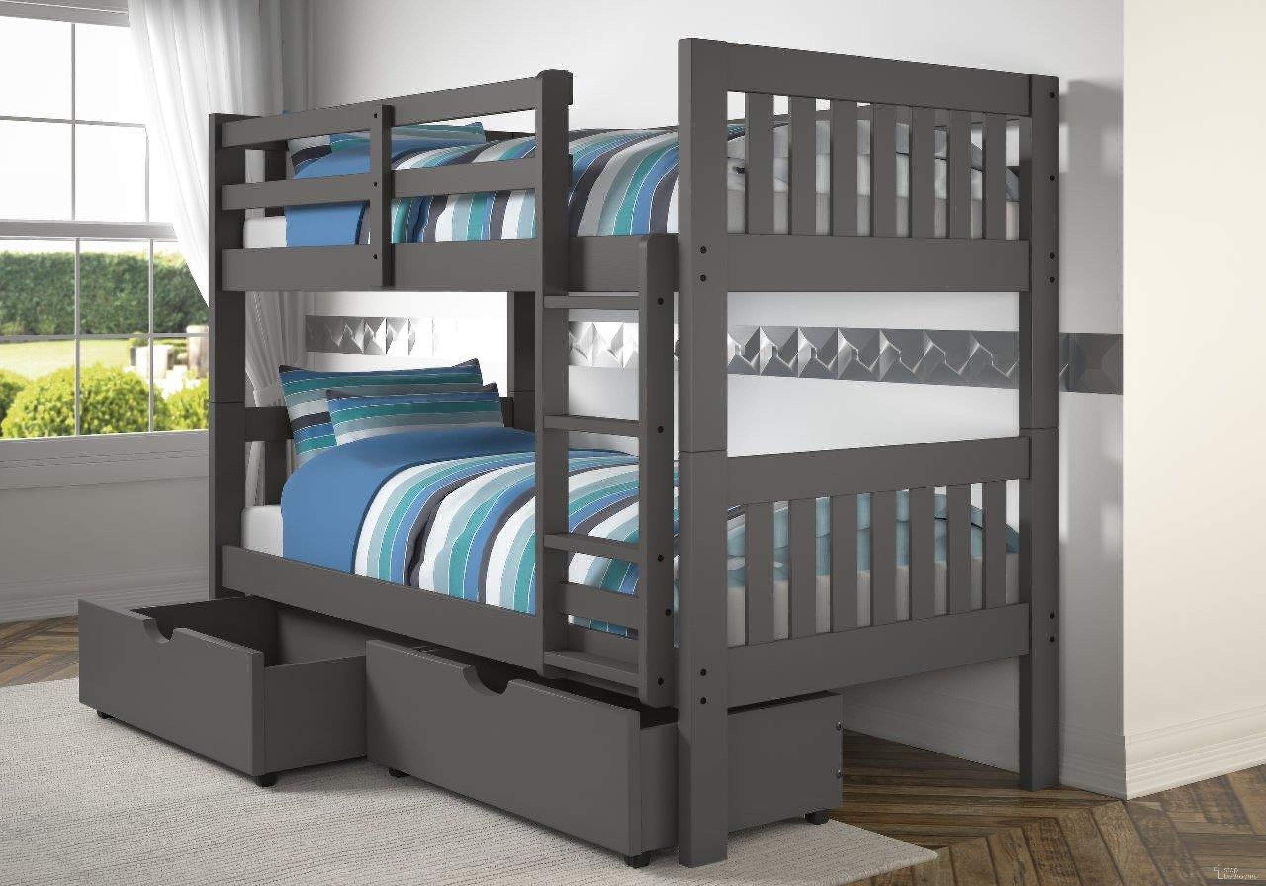 The appearance of Twin-Twin Mission Bunk Bed W-Dual Under Bed Drawers In Dark Grey Finish designed by DONCO kids in the modern / contemporary interior design. This dark grey piece of furniture was selected by 1StopBedrooms from to add a touch of cosiness and style into your home. Sku: 1010-3TTDG_505-DG. Bed Type: Bunk Bed. Material: Wood. Bed Size: Twin.