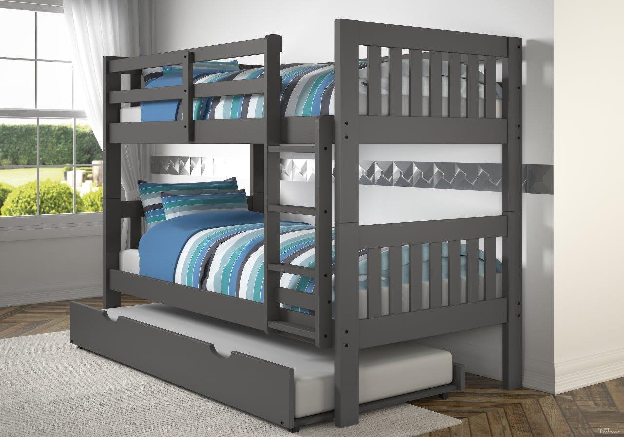 The appearance of Twin-Twin Mission Bunk Bed W-Trundle In Dark Grey Finish designed by DONCO kids in the modern / contemporary interior design. This dark grey piece of furniture was selected by 1StopBedrooms from to add a touch of cosiness and style into your home. Sku: 1010-3TTDG_503-DG. Bed Type: Bunk Bed. Material: Wood. Bed Size: Twin.