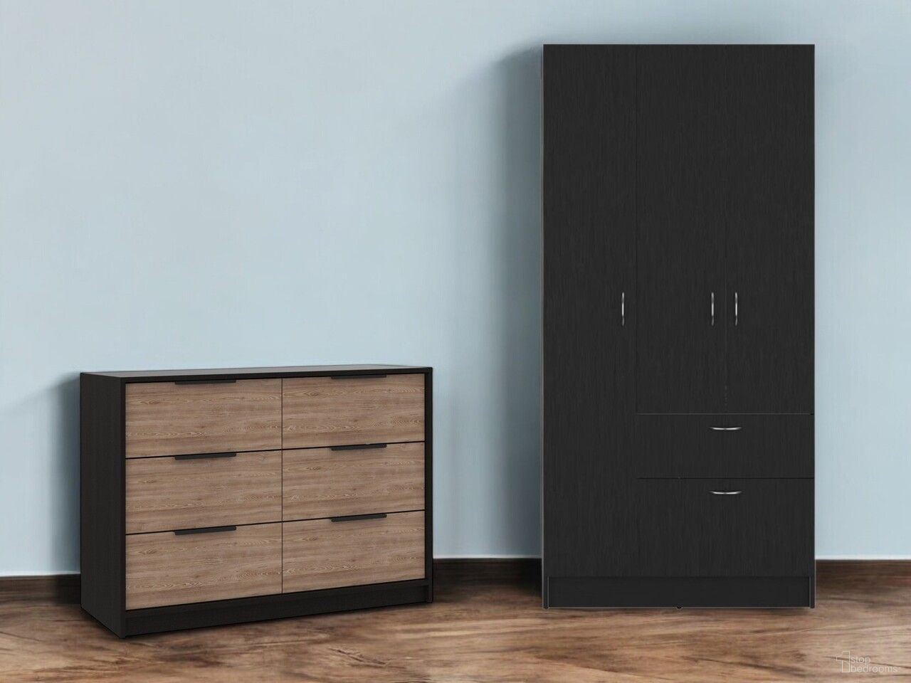 The appearance of Modern 2-Piece Dresser and Armoire Storage Set In Brown and Black designed by Homeroots in the modern / contemporary interior design. This black and brown piece of furniture  was selected by 1StopBedrooms from  to add a touch of cosiness and style into your home. Sku: 530255.