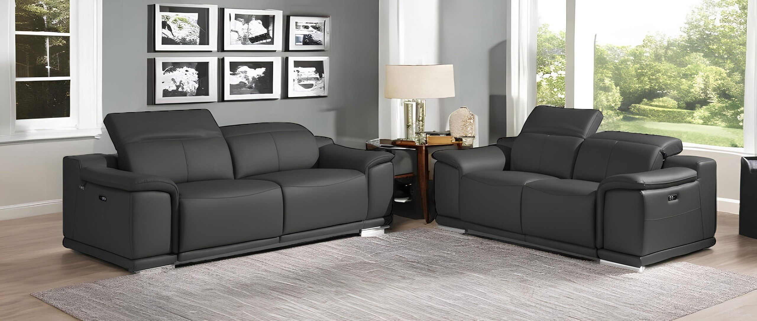 Two Piece Indoor Italian Leather Five Person Seating Set In Dark Gray