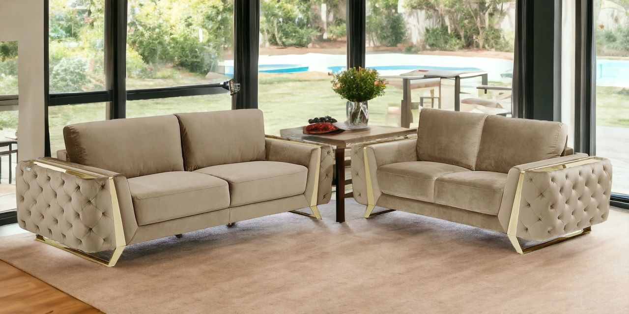 The appearance of Two Piece Indoor Velvet Five Person Seating Set In Beige designed by Homeroots in the modern / contemporary interior design. This beige piece of furniture was selected by 1StopBedrooms from to add a touch of cosiness and style into your home. Sku: 518563. Material: Velvet.