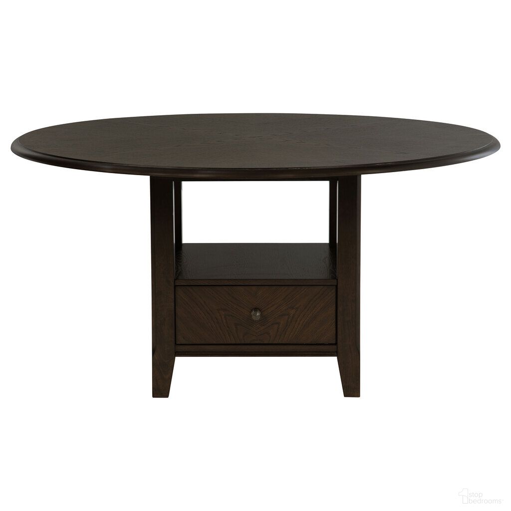 The appearance of Twyla 60 Inch Round Dining Table with Drawer In Dark Cocoa designed by Coaster in the transitional interior design. This dark cocoa piece of furniture was selected by 1StopBedrooms from Twyla Collection to add a touch of cosiness and style into your home. Sku: 115100B1;115100B2. Table Base Style: Trestle. Table Top Shape: Round. Material: MDF. Size: 60".