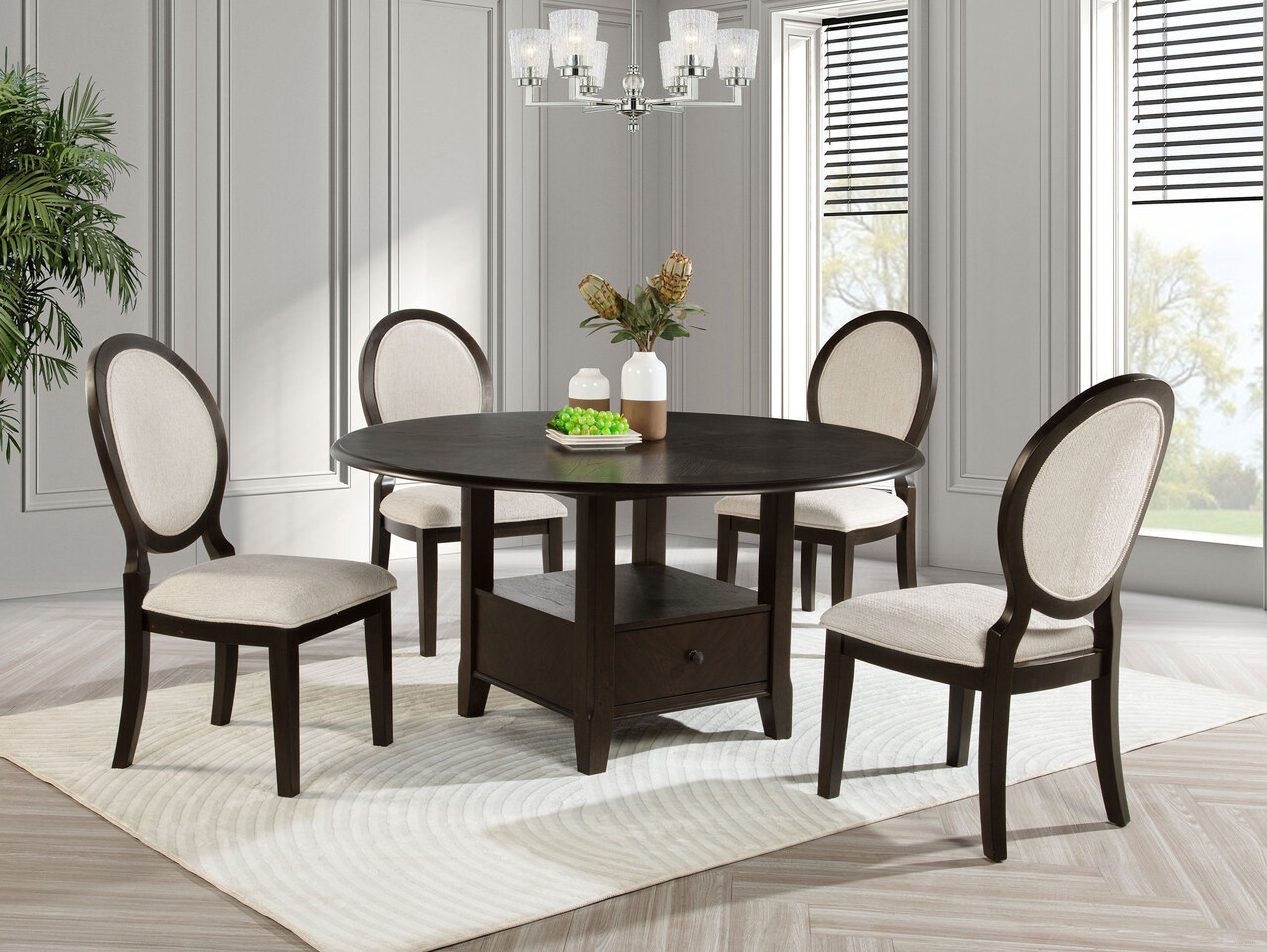 The appearance of Twyla Round Dining Set In Dark Cocoa designed by Coaster in the transitional interior design. This dark cocoa piece of furniture  was selected by 1StopBedrooms from Twyla Collection to add a touch of cosiness and style into your home. Sku: 115100B1;115100B2;115102. Table Top Shape: Round. Size: 60". Material: Hardwood.
