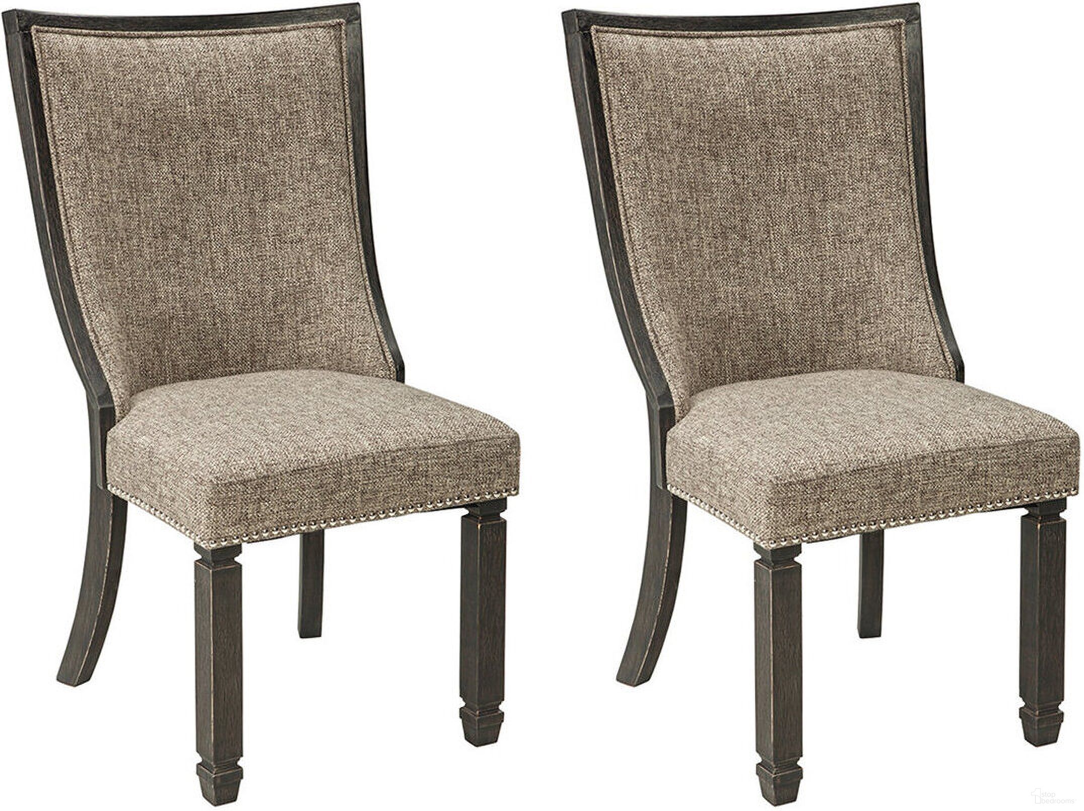 The appearance of Tyler Creek Black And Gray Upholstered Host Chair Set of 2 designed by Signature Design by Ashley in the transitional interior design. This black/grayish brown piece of furniture was selected by 1StopBedrooms from Tyler Creek Collection to add a touch of cosiness and style into your home. Sku: D736-02. Material: Fabric. Chair Type: Side Chair.