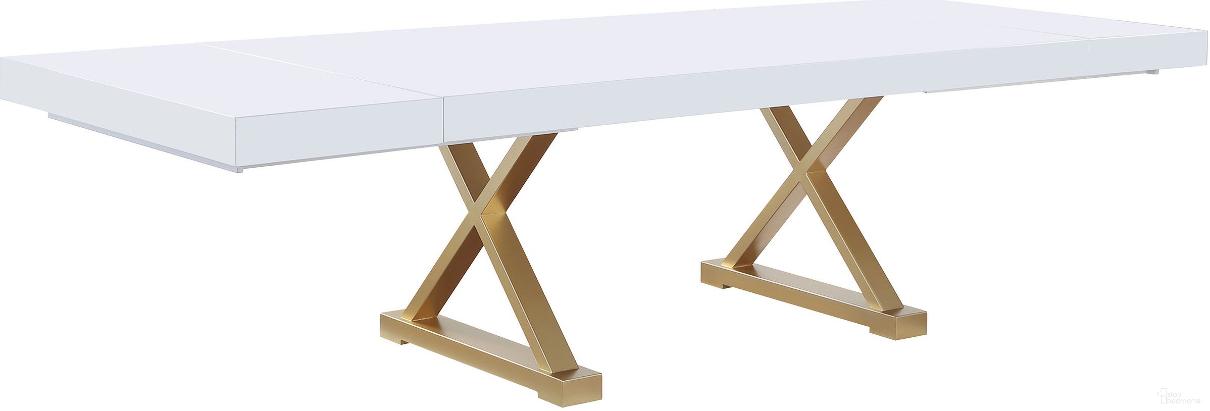 The appearance of Tyrion Rectangle Extendable Modern White Wood Dining Table In Brushed Gold designed by Best Master Furniture in the modern / contemporary interior design. This white piece of furniture was selected by 1StopBedrooms from Tyrion Collection to add a touch of cosiness and style into your home. Sku: T1953T. Table Base Style: Double Pedestal. Material: Wood. Table Top Shape: Rectangular. Size: 104".