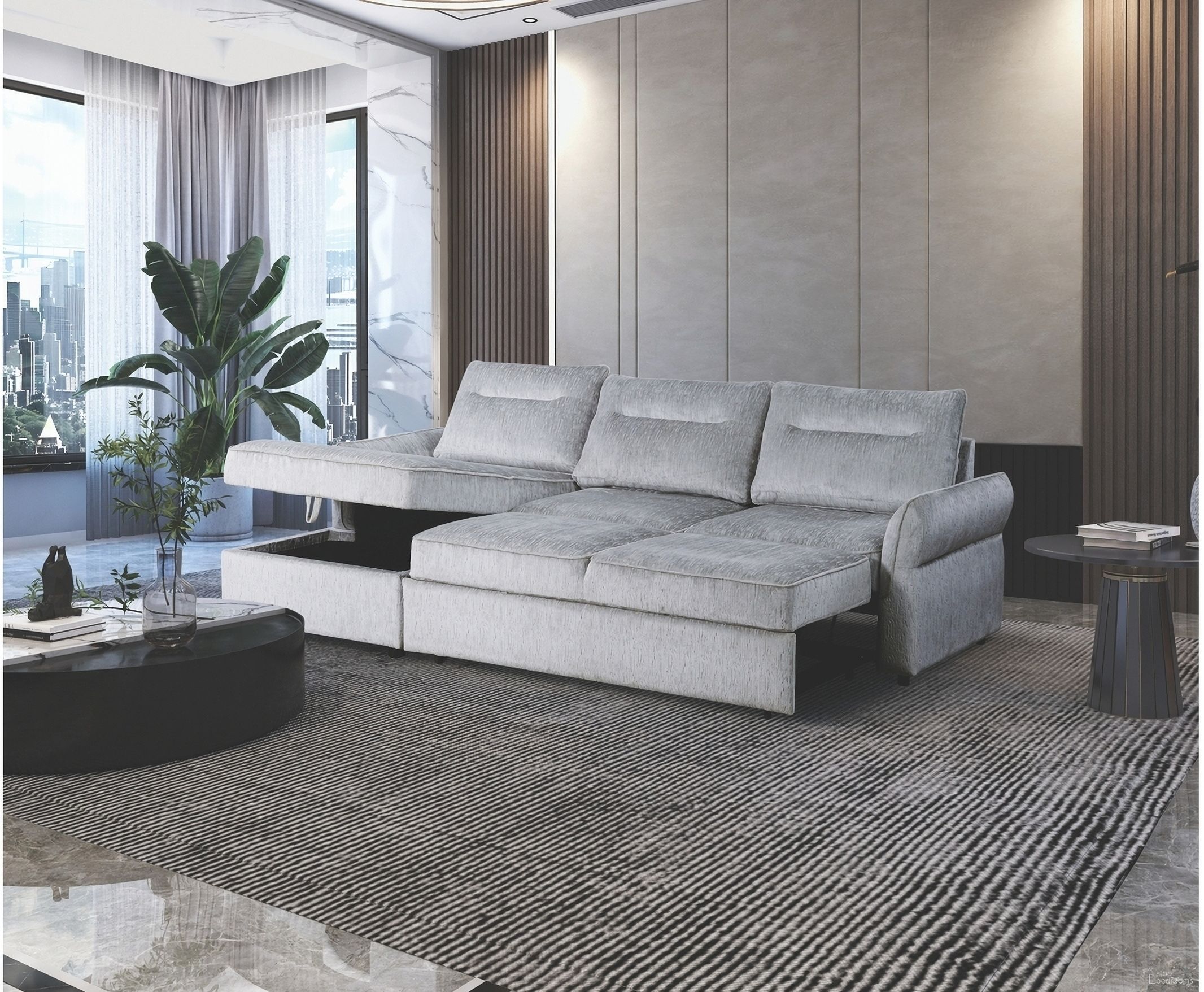 The appearance of U0301 Pull Out Sofa Bed In Grey designed by Global Furniture USA in the modern / contemporary interior design. This grey piece of furniture  was selected by 1StopBedrooms from U0301 Collection to add a touch of cosiness and style into your home. Sku: U0301-GREY-LAF CHS W/ STORAGE;U0301-GREY-RAF LS W/ POP UP SLEEPER. Material: Plywood.
