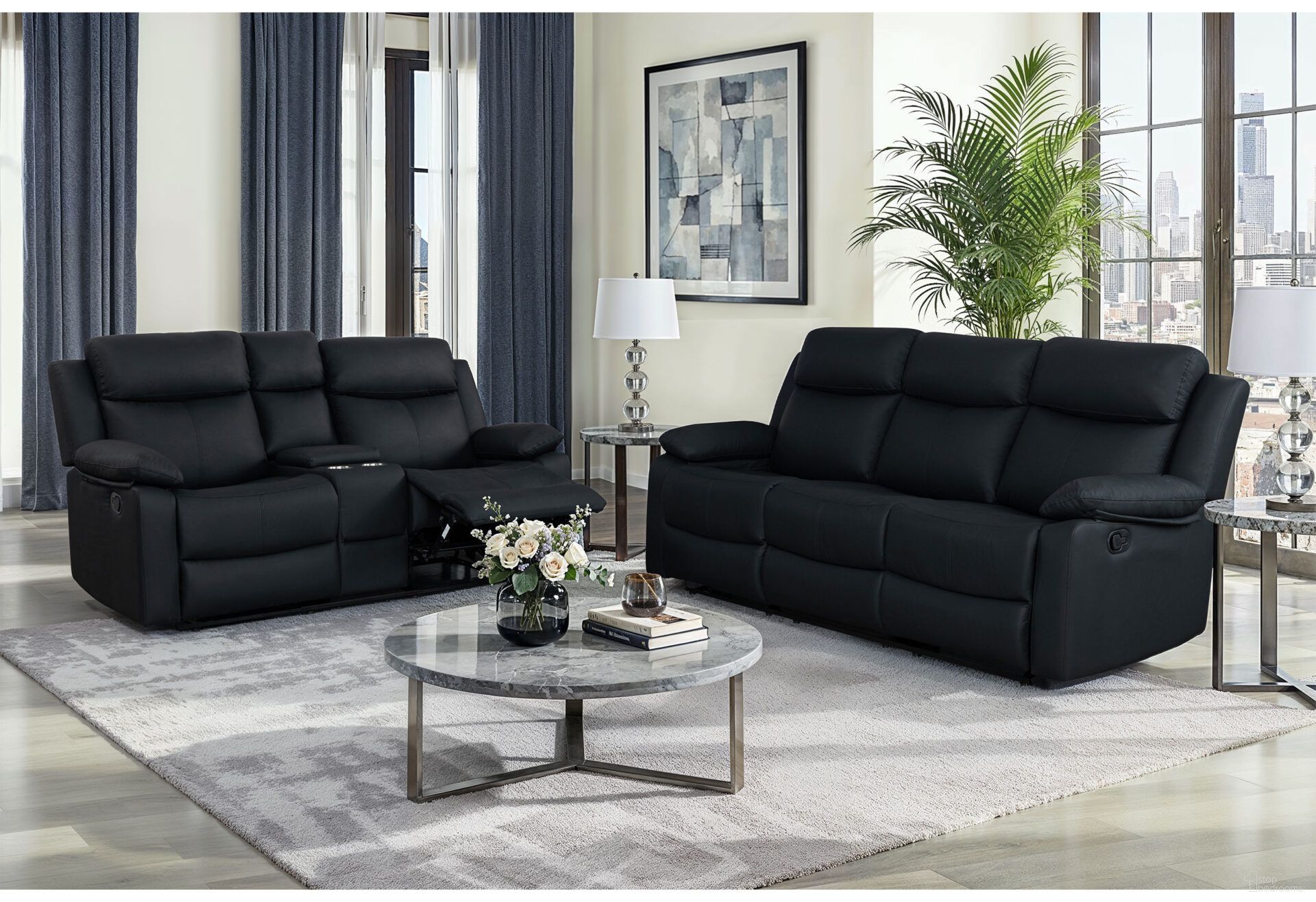 U6026 PU Reclining Living Room Set with LED In Black