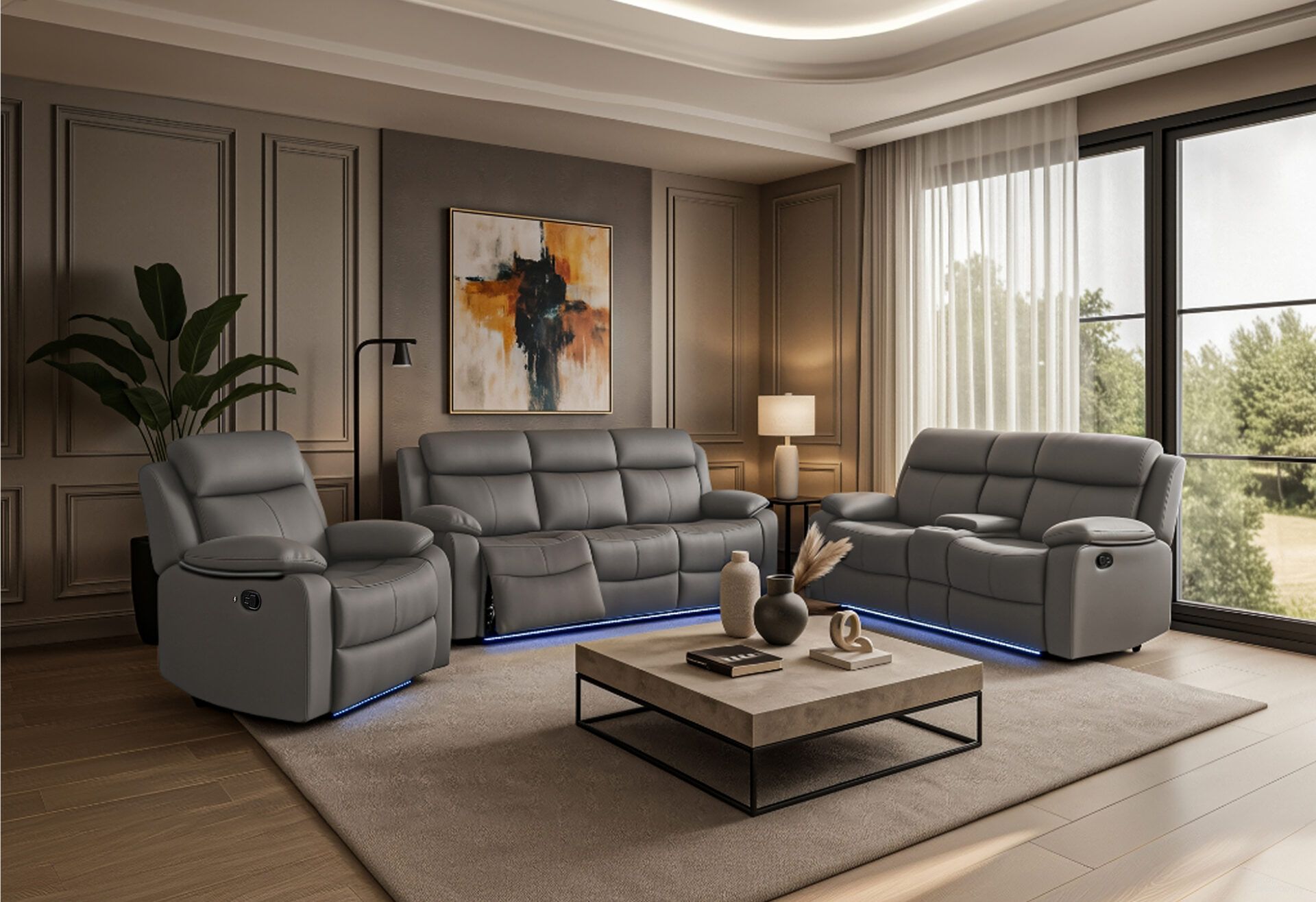 U6026 PU Reclining Living Room Set with LED In Grey