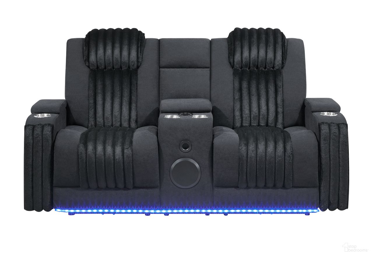 The appearance of U8000 Power Console Reclining Loveseat with LED and Speaker In Black designed by Global Furniture USA in the modern / contemporary interior design. This black piece of furniture was selected by 1StopBedrooms from U8000 Collection to add a touch of cosiness and style into your home. Sku: U8000-BLACK-PCRLS W/ PHR + LED. Material: Fabric.