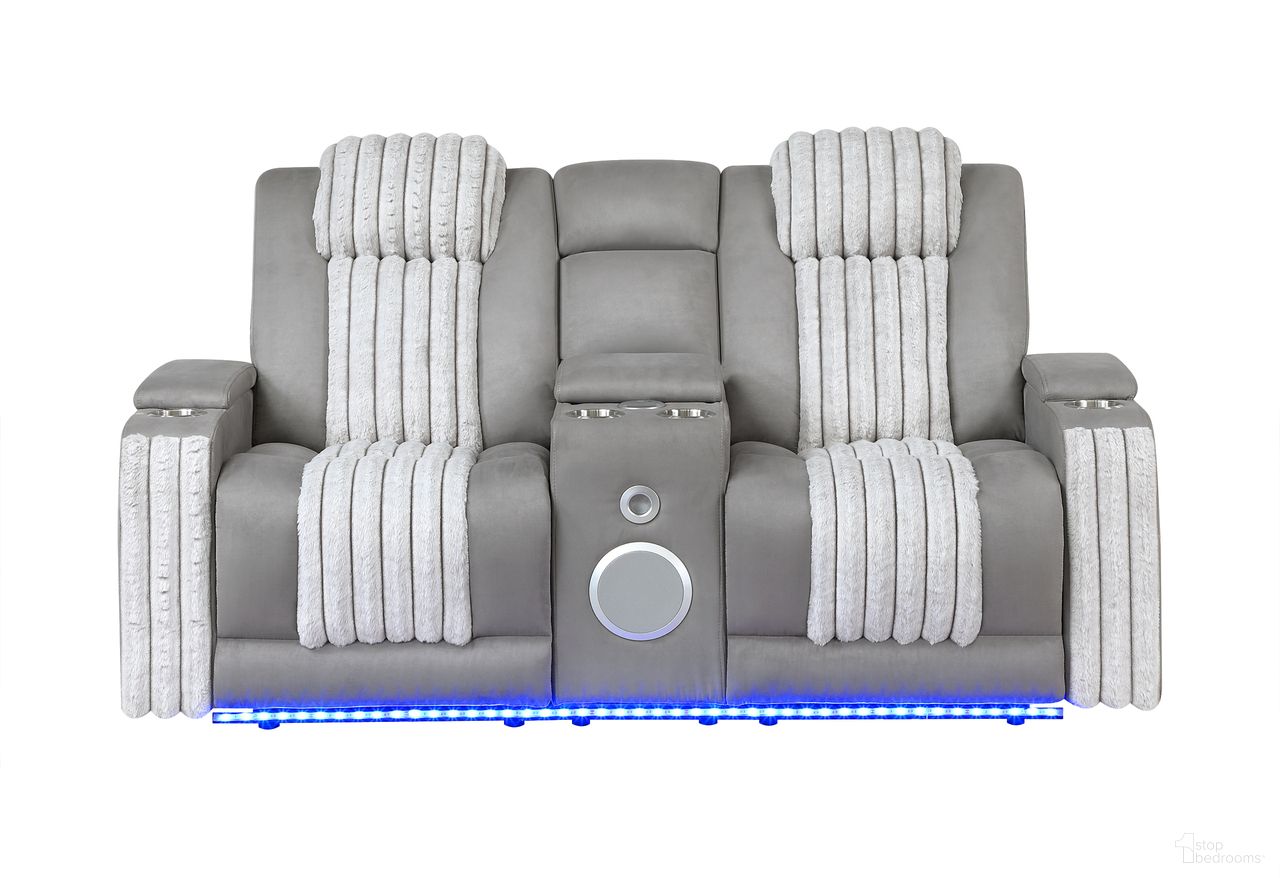 The appearance of U8000 Power Console Reclining Loveseat with LED and Speaker In Grey designed by Global Furniture USA in the modern / contemporary interior design. This grey piece of furniture was selected by 1StopBedrooms from U8000 Collection to add a touch of cosiness and style into your home. Sku: U8000-GREY-PCRLS W/ PHR + LED. Material: Fabric.