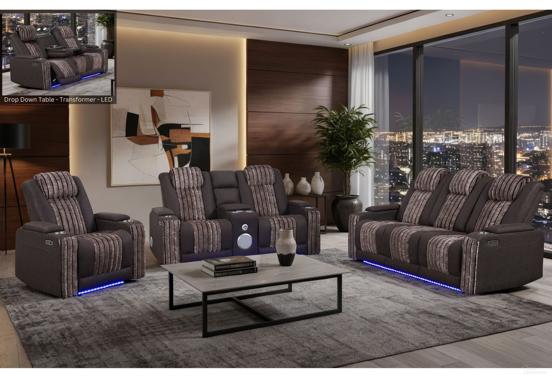 U8000 Power Reclining Living Room Set with Reading Light and LED Light In Brown