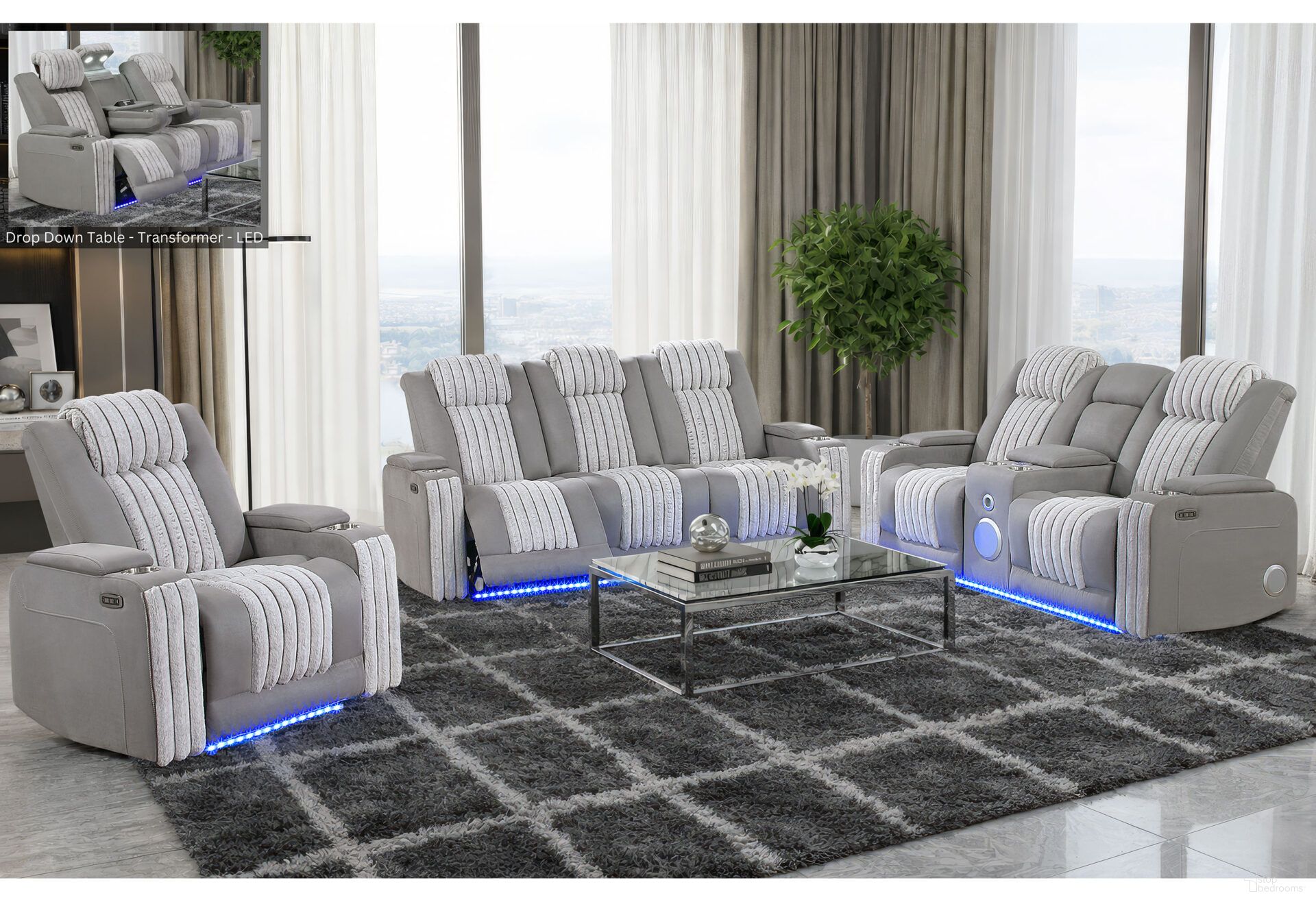 U8000 Power Reclining Living Room Set with Reading Light and LED Light In Grey