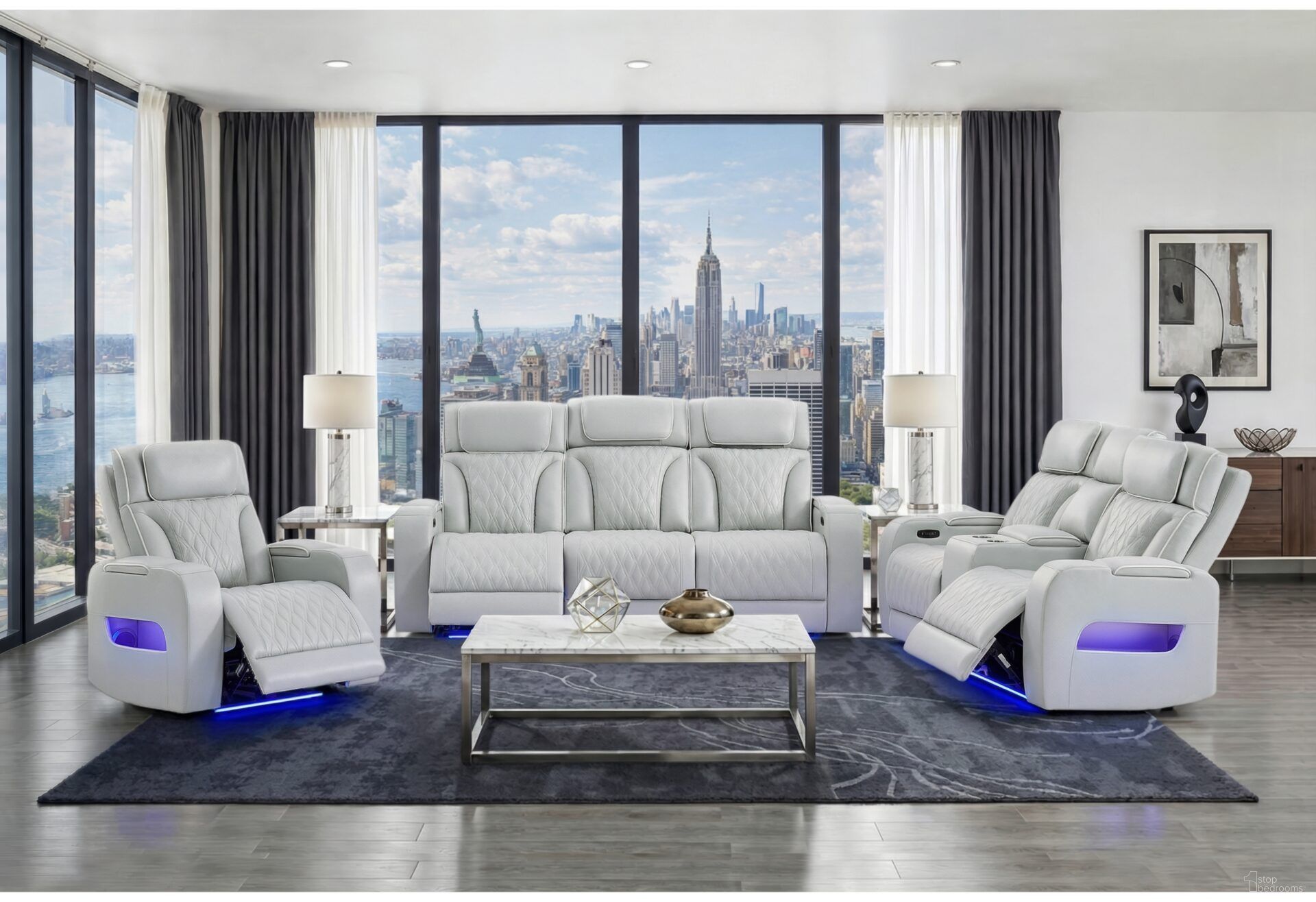 U8611 Blanche Power Reclining Living Room Set with PHR and LED In Silver
