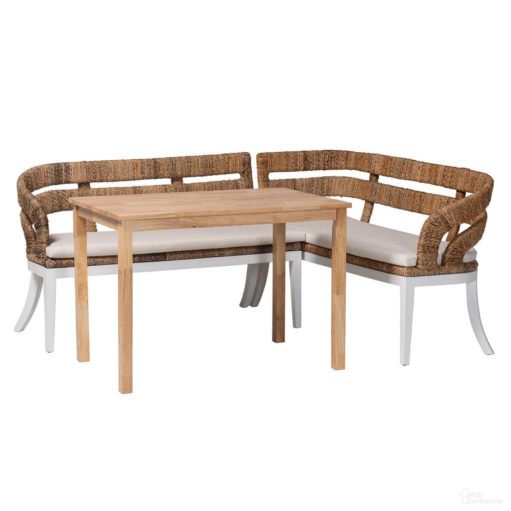 The appearance of Ubud Seagrass 3 Piece Dining Nook Set In Natural Brown designed by Baxton Studio in the bohemian interior design. This natural brown piece of furniture  was selected by 1StopBedrooms from Ubud Collection to add a touch of cosiness and style into your home. Sku: Ubud/RH7006-3PC Dining Set. Material: Banana Leaf.